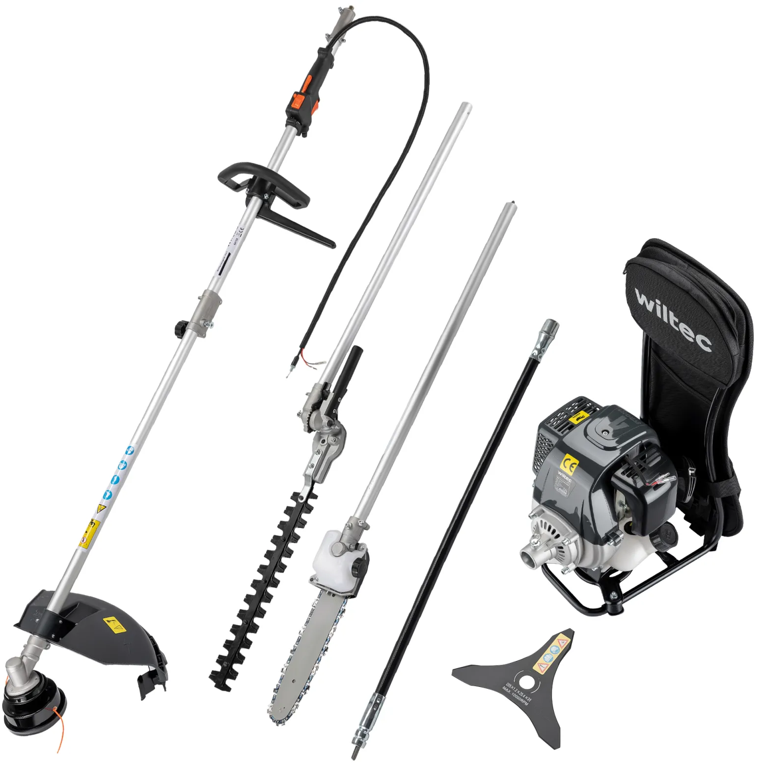 Wiltec 4-in-1 Multifunktionsgerät mit 4-Takt-Motor mit Rucksack, Backpacker Multigartengerät, Multitool Gartenwerkzeug mit u.a. Rasentrimmer