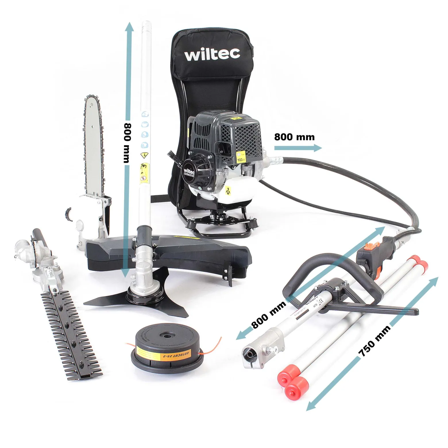 Wiltec 4-in-1 Multifunktionsgerät mit 4-Takt-Motor mit Rucksack, Backpacker Multigartengerät, Multitool Gartenwerkzeug mit u.a. Rasentrimmer