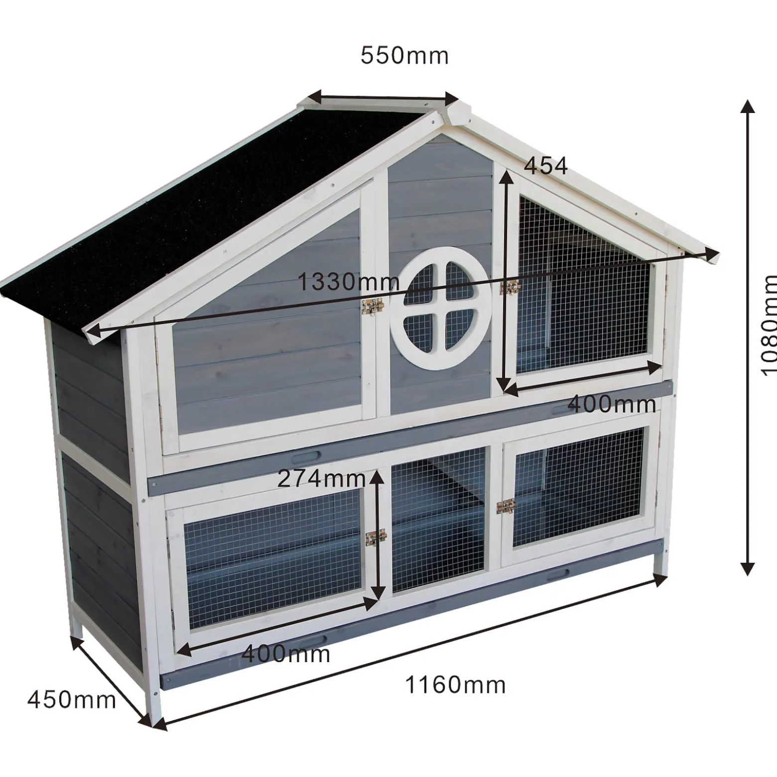 Wiltec Kaninchenstall graublau weiß 1160 x 450 x 1080 mm, Hasenvilla als Ergänzung für Freilauf, Kaninchenkäfig Hasenkäfig mit 4 Türen