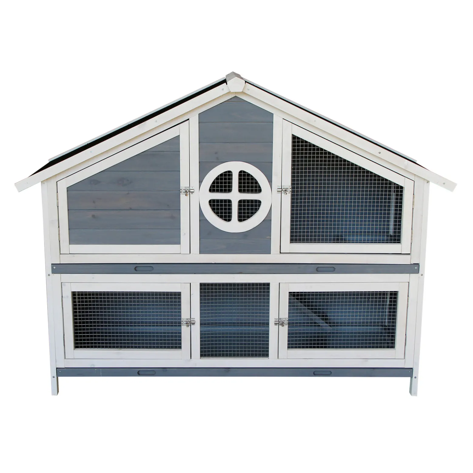 Wiltec Kaninchenstall graublau weiß 1160 x 450 x 1080 mm, Hasenvilla als Ergänzung für Freilauf, Kaninchenkäfig Hasenkäfig mit 4 Türen