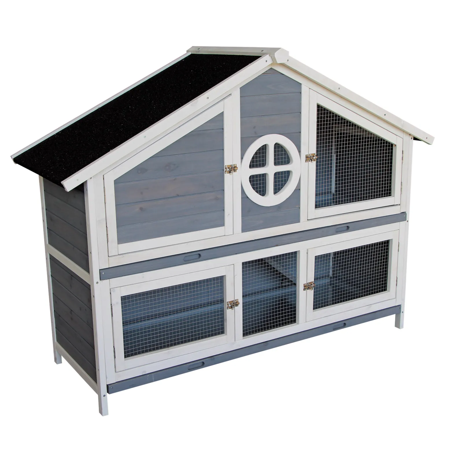 Wiltec Kaninchenstall graublau weiß 1160 x 450 x 1080 mm, Hasenvilla als Ergänzung für Freilauf, Kaninchenkäfig Hasenkäfig mit 4 Türen