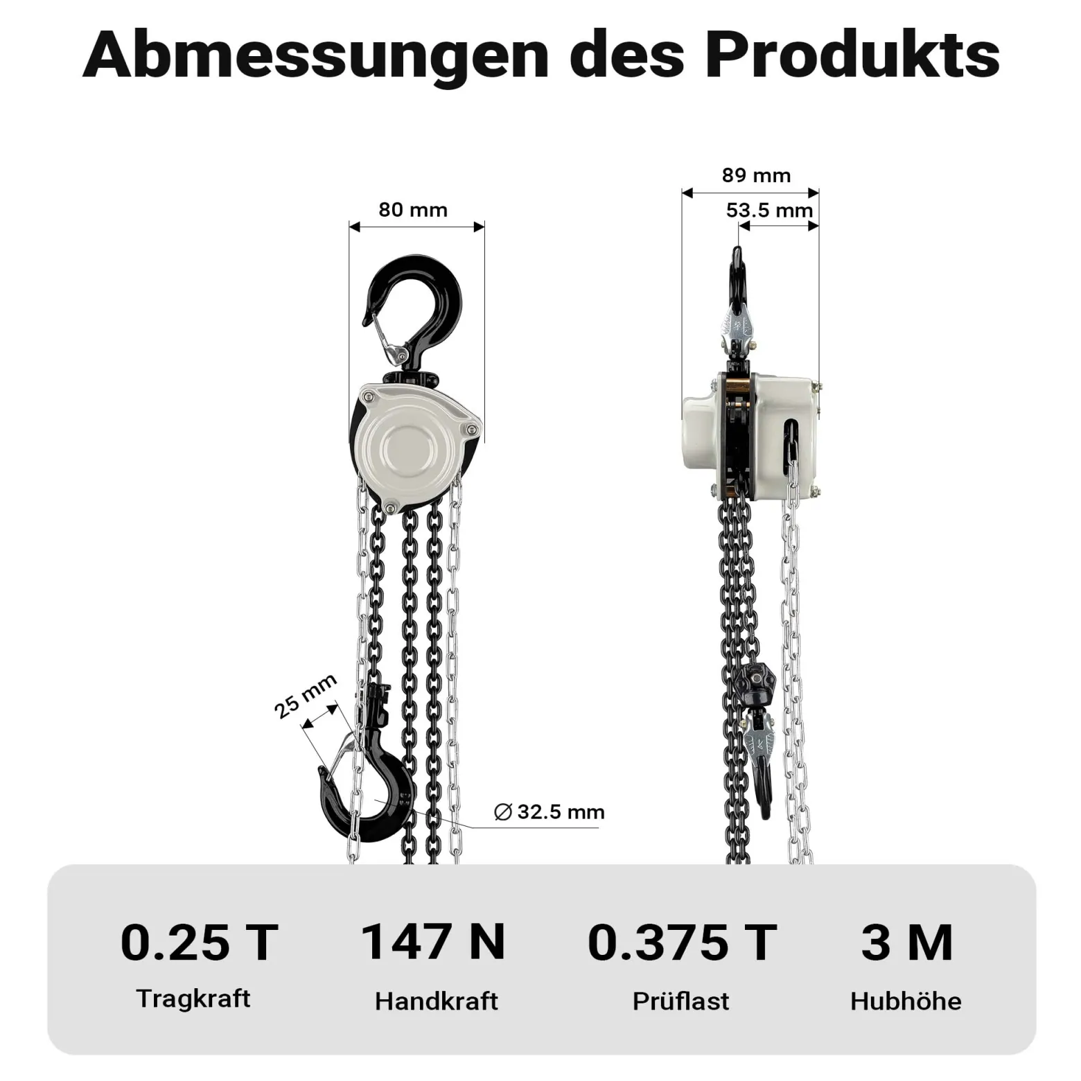 Wiltec Kettenzug bis 250 kg, robuster Handkettenzug 3 m Hubhöhe, Tragmittel mit 3 m Lastkette, Hebezeug manuell, hochbelastbares Hebemittel