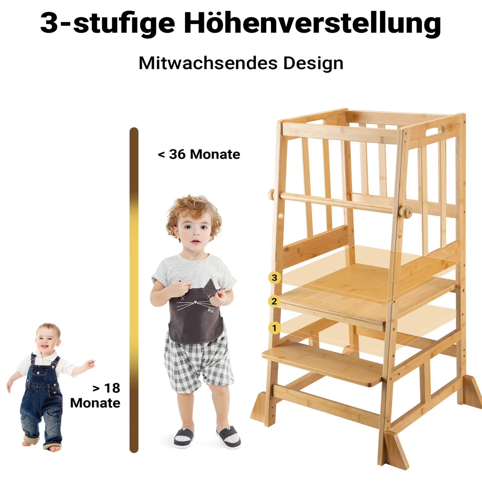 Wiltec Kinderstuhl Lernturm 57 x 46 x 90 cm aus Bambus, Lernstuhl für Kinder mit Geländer, Stehturm mit Schutzstab
