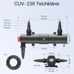 Wiltec Komplettset: CBF-350B Teichfilter bis 60000 L Teichfilteranlage als Durchlauffilter, NEO10000 SuperECO Teichpumpe 10000l/h 80W, CUV-236 Teichklärer UVC Klärer mit 36W, 25m Teichschlauch 25 mm