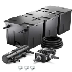 Wiltec Komplettset: CBF-350C Teichfilter bis 90000 L Teichfilteranlage Durchlauffilter, NEO10000 Teichpumpe 10000l/h 80W, CUV-236 Teichklärer 36W, 10m Teichschlauch 38 mm, Schlauchschellen W1 44-47mm