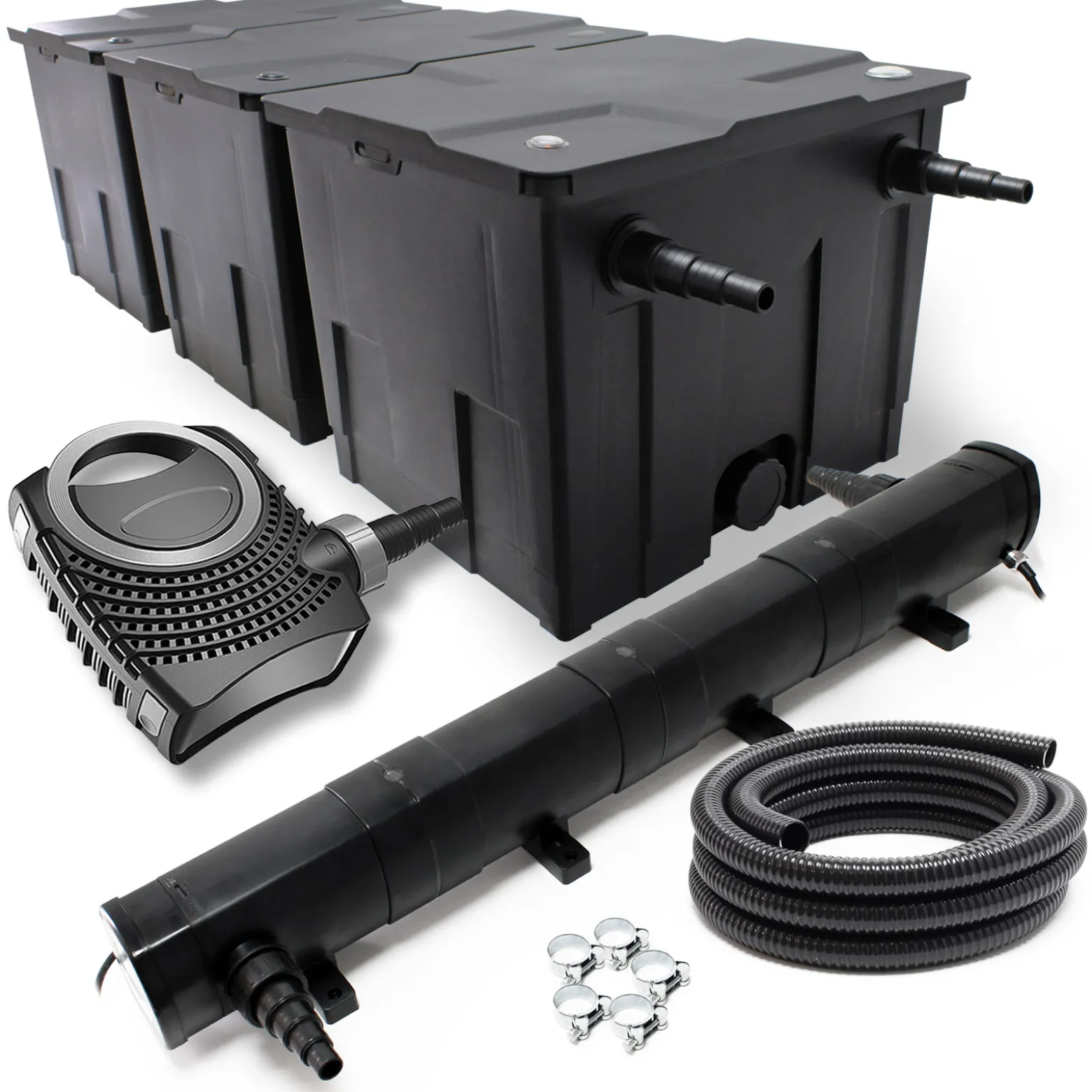Wiltec Komplettset: CBF-350C Teichfilter bis 90000 L Teichfilteranlage Durchlauffilter, NEO10000 Teichpumpe 10000l/h 80W, CUV-272 Teichklärer 72W, 10m Teichschlauch 38 mm, Schlauchschellen W1 44-47mm