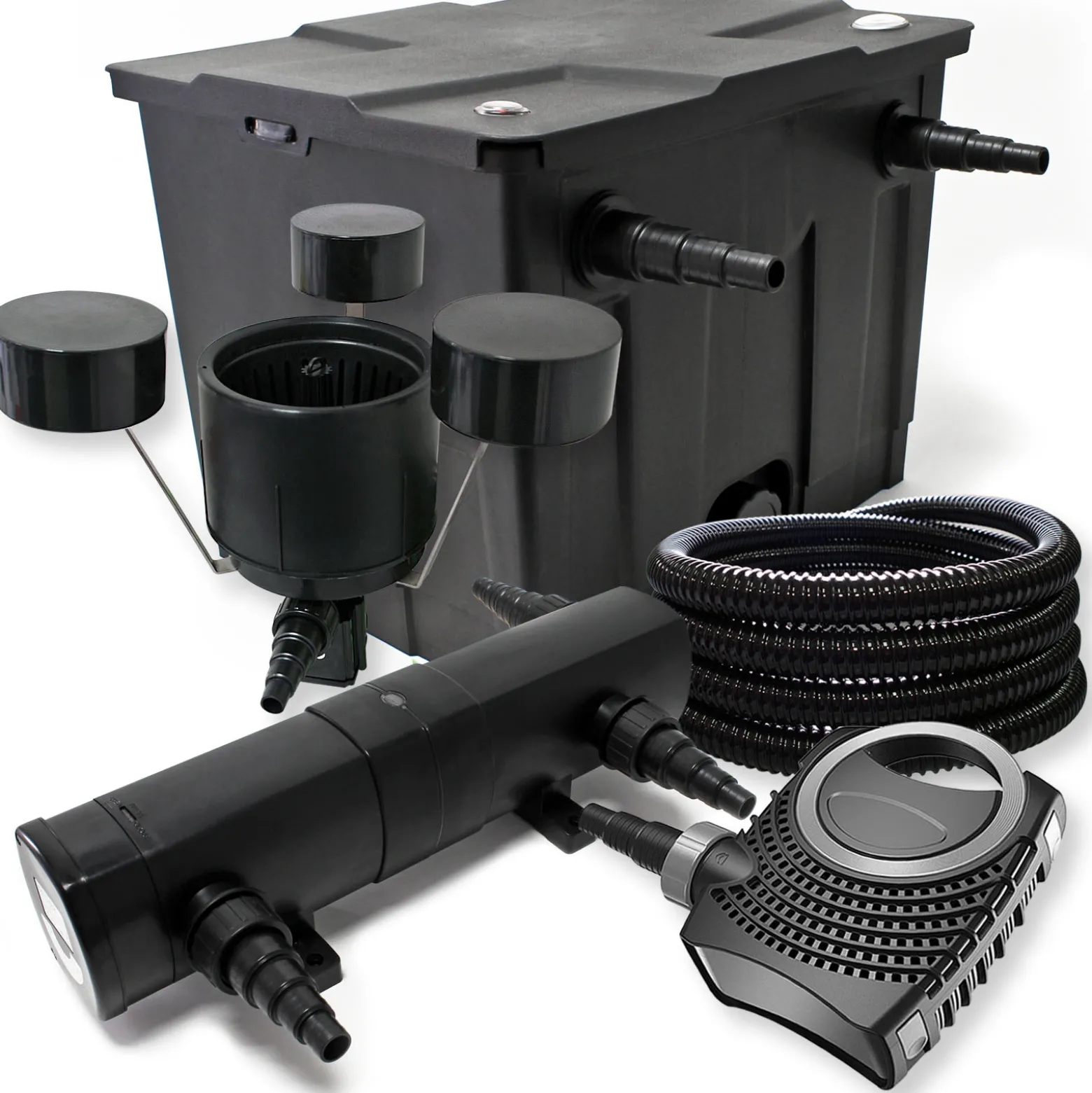 Wiltec Komplettset: CBF-350 Teichfilter bis 12000 L Teichfilteranlage Durchlauffilter, NEO10000 Teichpumpe 10000l/h 80W, CUV-236 Teichklärer 36W, 25m Teichschlauch 25 mm, CSP-250 Skimmer 2500l/h 45W