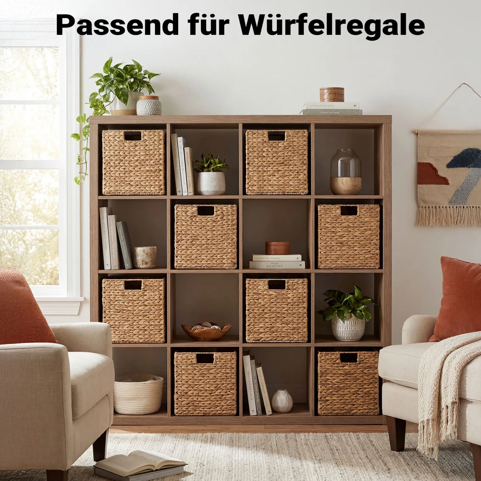 Wiltec Korb aus Wasserhyazinthe 26 x 26 x 26 cm, geflochtener Aufbewahrungskorb mit 2 Griffen