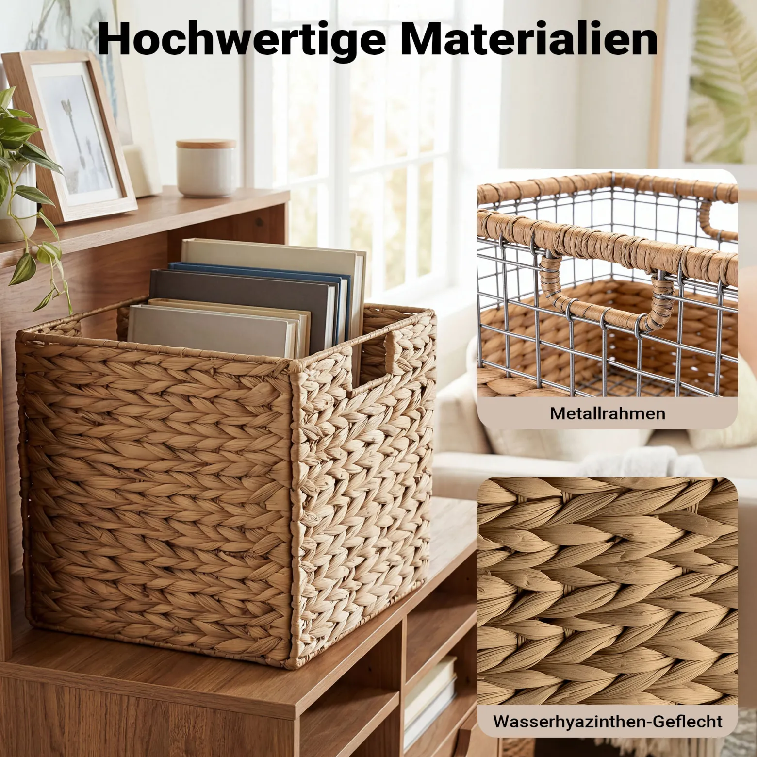 Wiltec Korb aus Wasserhyazinthe 26 x 26 x 26 cm, geflochtener Aufbewahrungskorb mit 2 Griffen