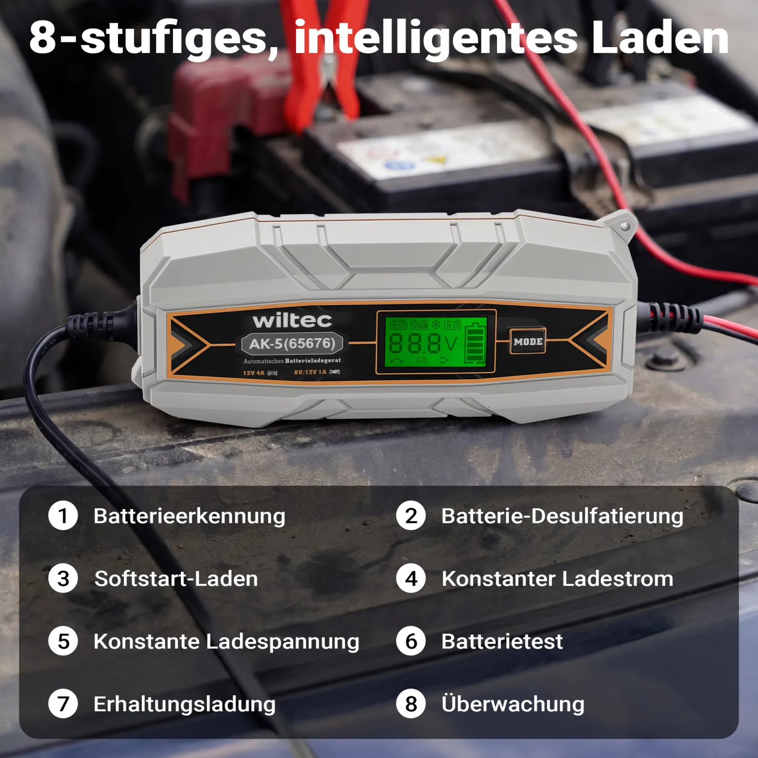 Wiltec Ladegerät 6-12 V, Batterieladegerät 4 A, 10-150 Ah für Autobatterie Kfz und Motorrad, intelligenter Lader mit Verpol-, Überlade- und Kurzschlussschutz mit LCD-Display
