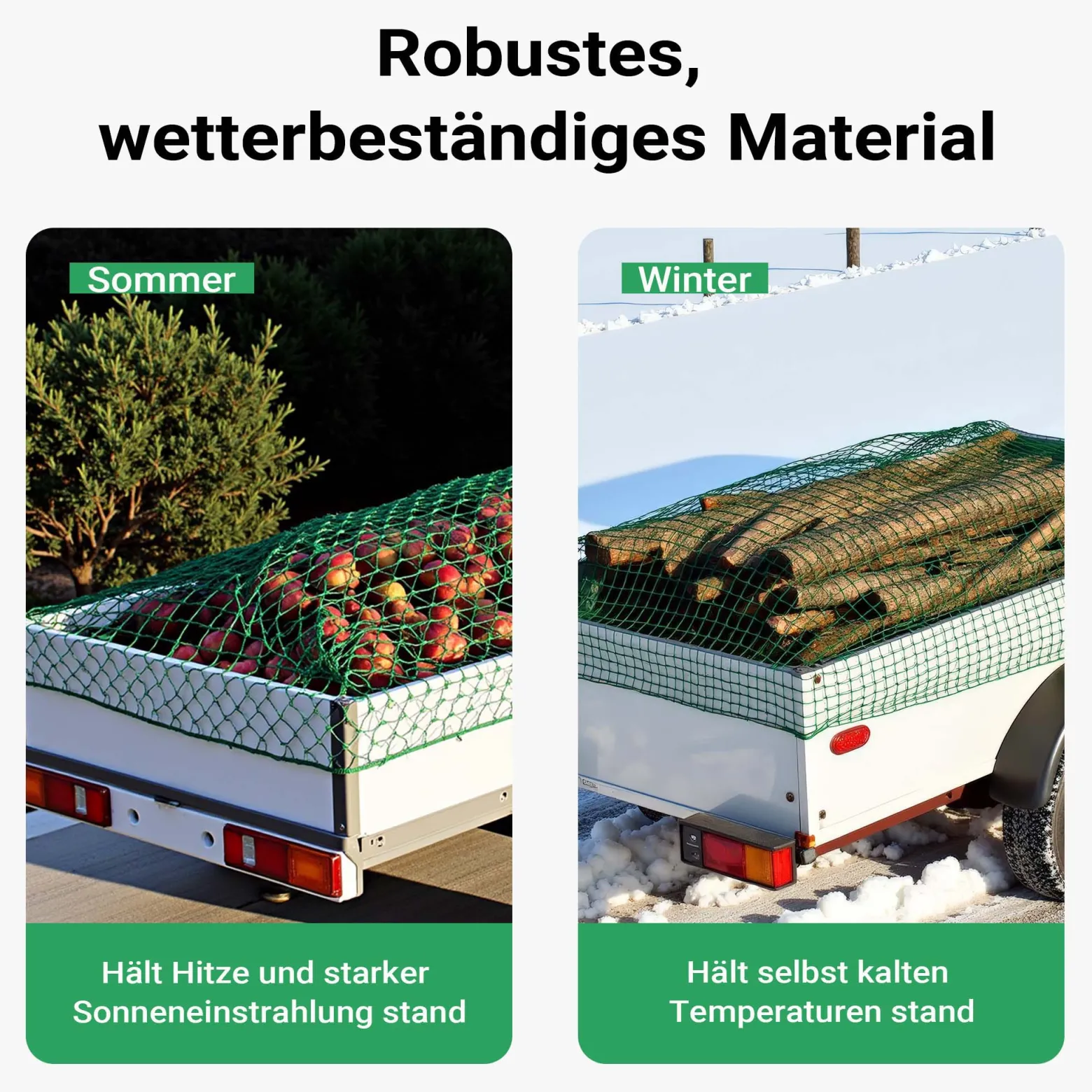 Wiltec Ladungssicherungsnetz Grün 2,1x1,25m Masche 4,5x4,5 cm Stärke 3 mm Polypropylen Transportnetz für Anhänger mit Randkördel Witterungsbeständig Ladung Sicherheit