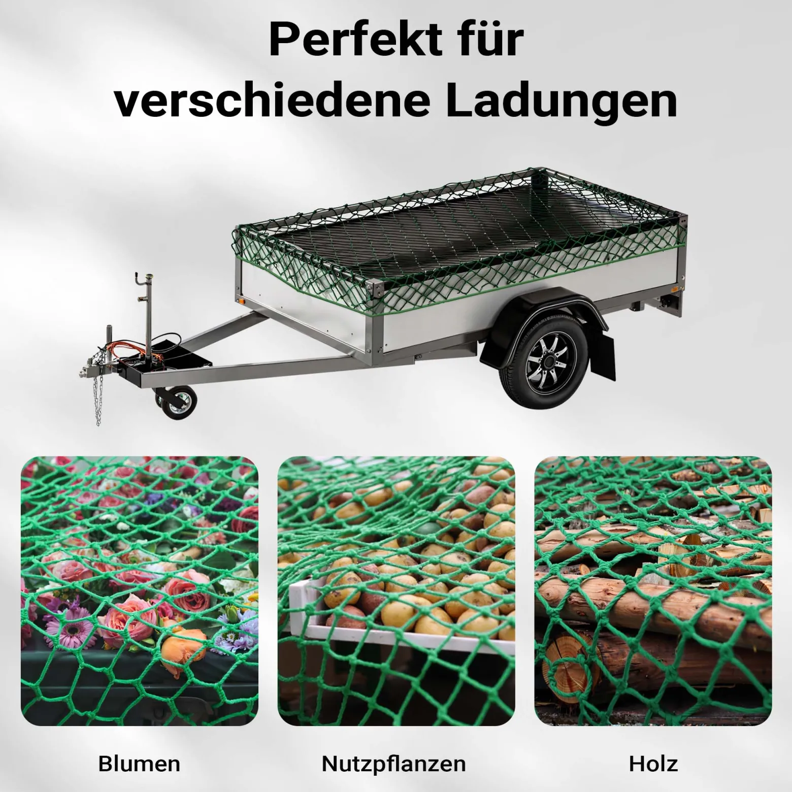 Wiltec Ladungssicherungsnetz 3x1,65m Grün Masche 4,5x4,5 cm Stärke 3 mm Polypropylen Transportnetz für Anhänger mit Randkördel Witterungsbeständig Ladung Sicherheit