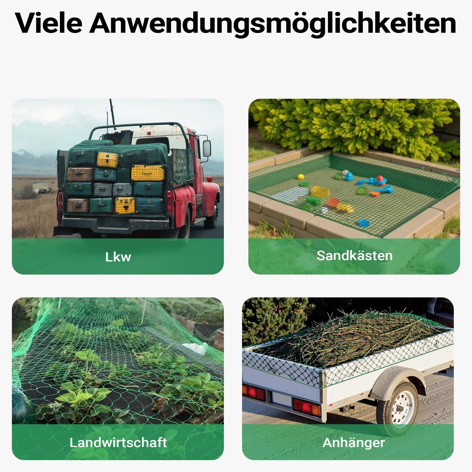 Wiltec Ladungssicherungsnetz Grün 2,5x1,5m Masche 4,5x4,5 cm Stärke 3 mm Polypropylen Transportnetz für Anhänger mit Randkördel Witterungsbeständig Ladung Sicherheit