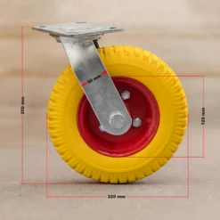 Wiltec Lenkrolle Ø220mm Transportrolle 58mm breit bis 100kg gelb aus Vollmaterial mit schwingender Halterung, pannensicher, leiser Lauf