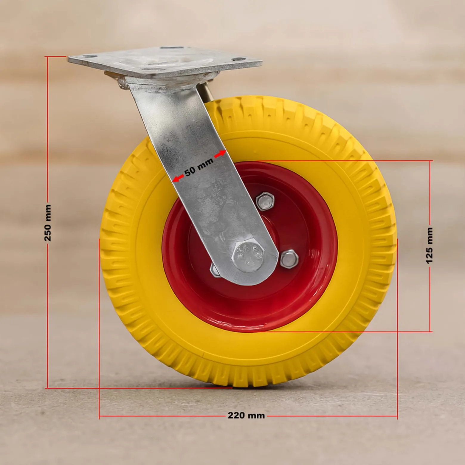 Wiltec Lenkrolle Ø220mm Transportrolle 58mm breit bis 100kg gelb aus Vollmaterial mit schwingender Halterung, pannensicher, leiser Lauf