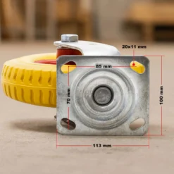 Wiltec Lenkrolle Ø220mm Transportrolle 58mm breit bis 100kg gelb aus Vollmaterial mit schwingender Halterung, pannensicher, leiser Lauf