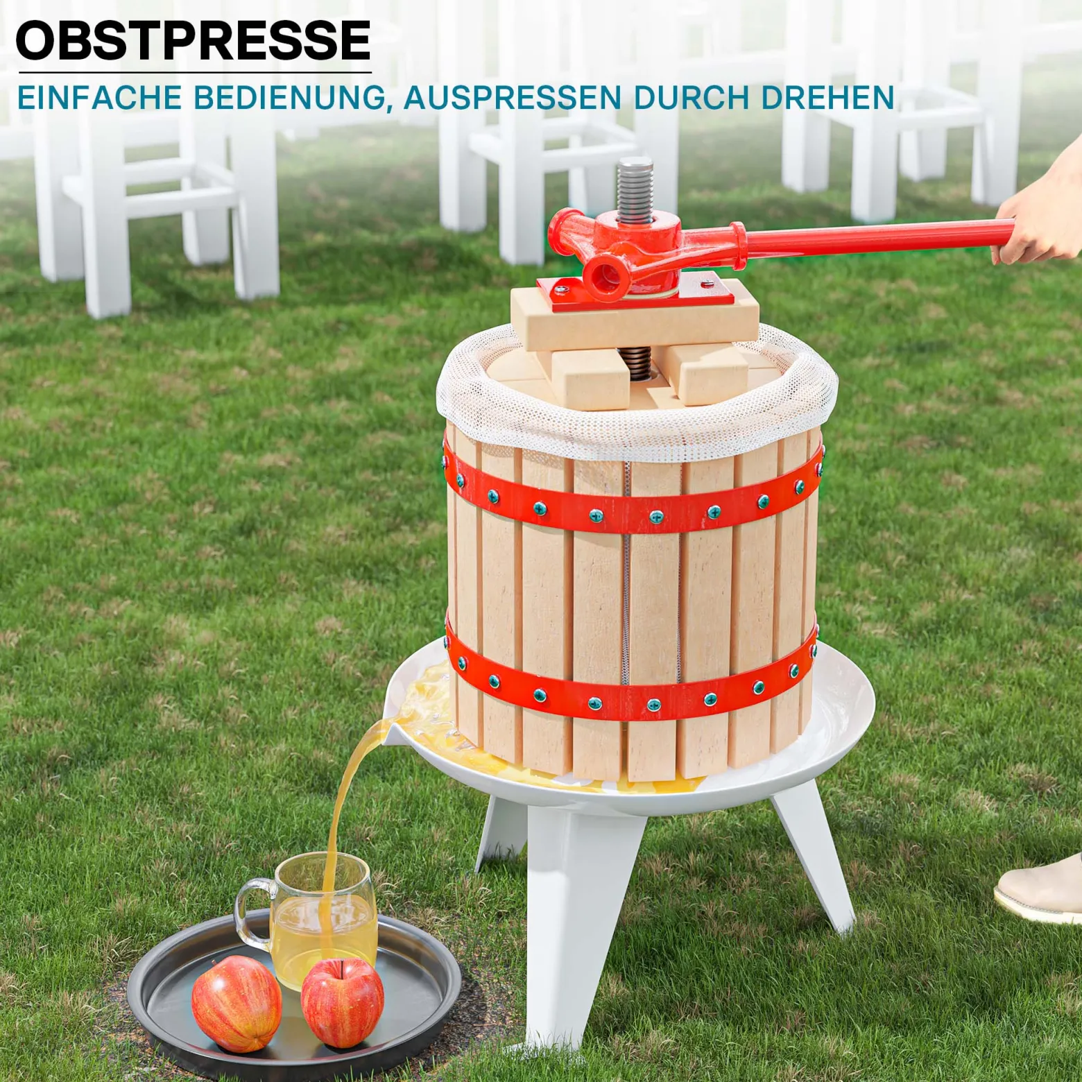 Wiltec 12L Obstpresse aus Buchenholz inkl. Presstuch, manuelle Weinpresse mit 240x270mm Korb, Apfelpresse Fruchtpresse für Obst Wein Maische