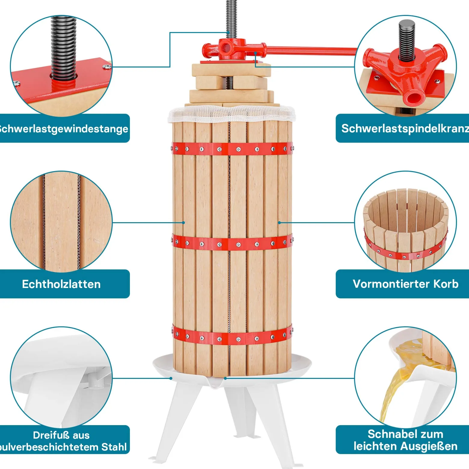 Wiltec 30L Obstpresse aus Buchenholz Saftpresse mit 3 passenden Presstüchern Weinpresse aus Holz Apfelpresse zum Wein Apfelsaft selber machen