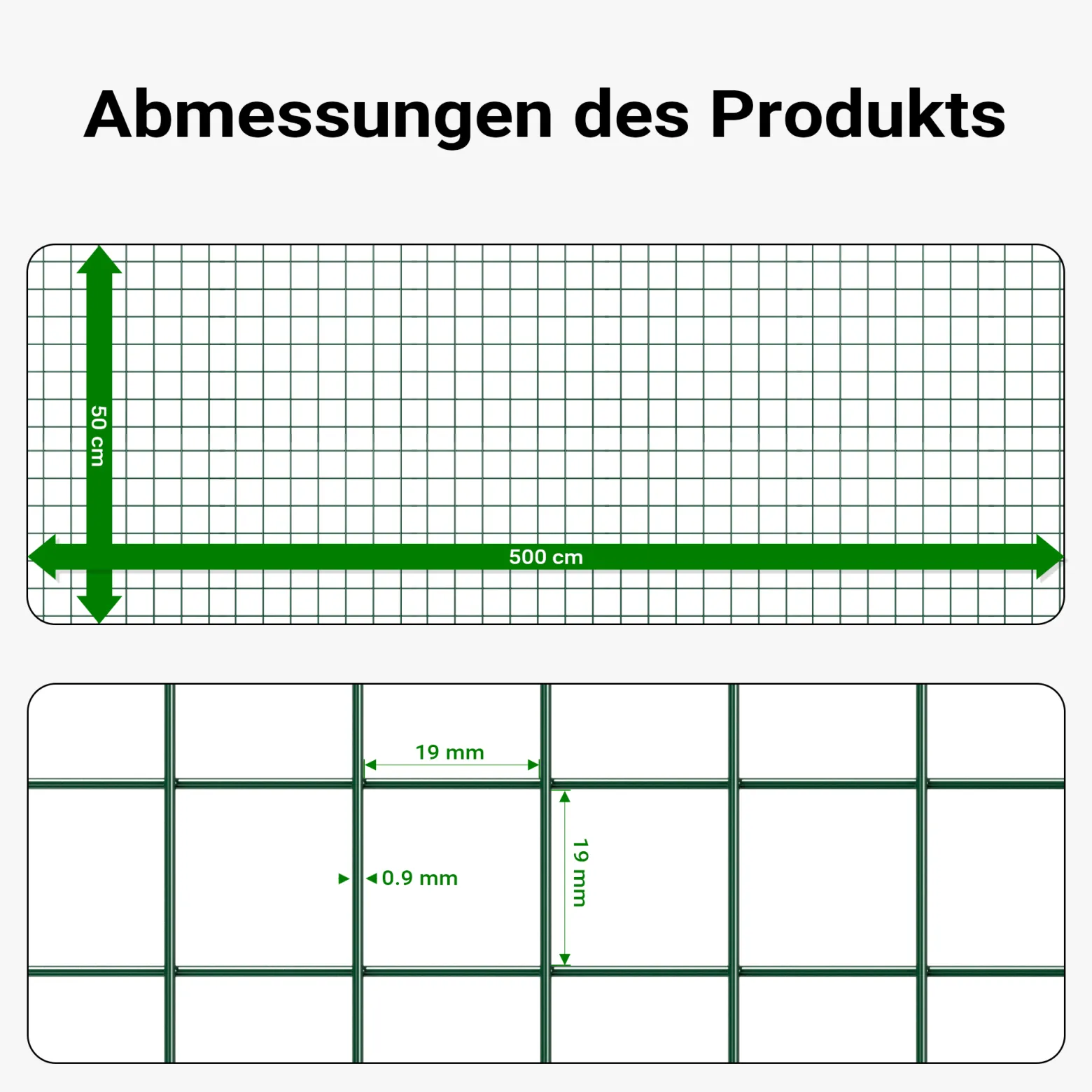 Wiltec Maschendrahtzaun Grün 1x5 m 50 cm Höhe 0,9 mm Stärke 19x19 mm Maschengröße, Volierendraht 4-Eck aus Stahl verzinkt, Drahtgitter, Vogeldraht