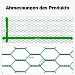 Wiltec Maschendrahtzaun Grün 60 cm x 10 m, 0,6 mm Stärke 25 x 25 mm Maschengröße, Volierendraht 6-Eck aus Stahl verzinkt, Drahtgitter, Vogeldraht