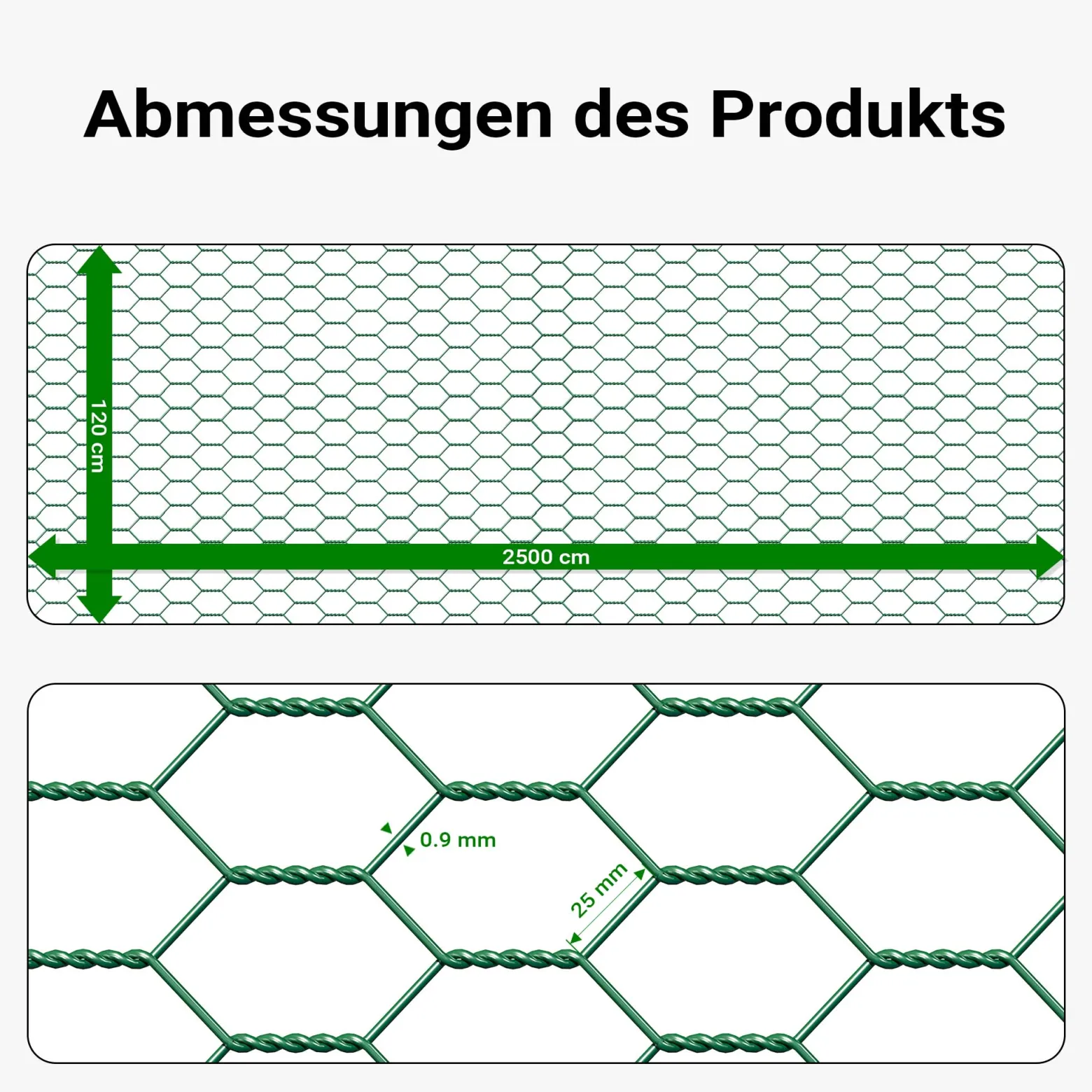 Wiltec Maschendrahtzaun Grün 120 cm x 25 m, 0,9 mm Stärke 25x25 mm Maschengröße, Volierendraht 6-Eck aus Stahl verzinkt, Drahtgitter, Vogeldraht
