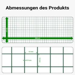 Wiltec Maschendrahtzaun Grün 1x5 m 50 cm Höhe 0,9 mm Stärke 12x12 mm Maschengröße, Volierendraht 4-Eck aus Stahl verzinkt, Drahtgitter, Vogeldraht