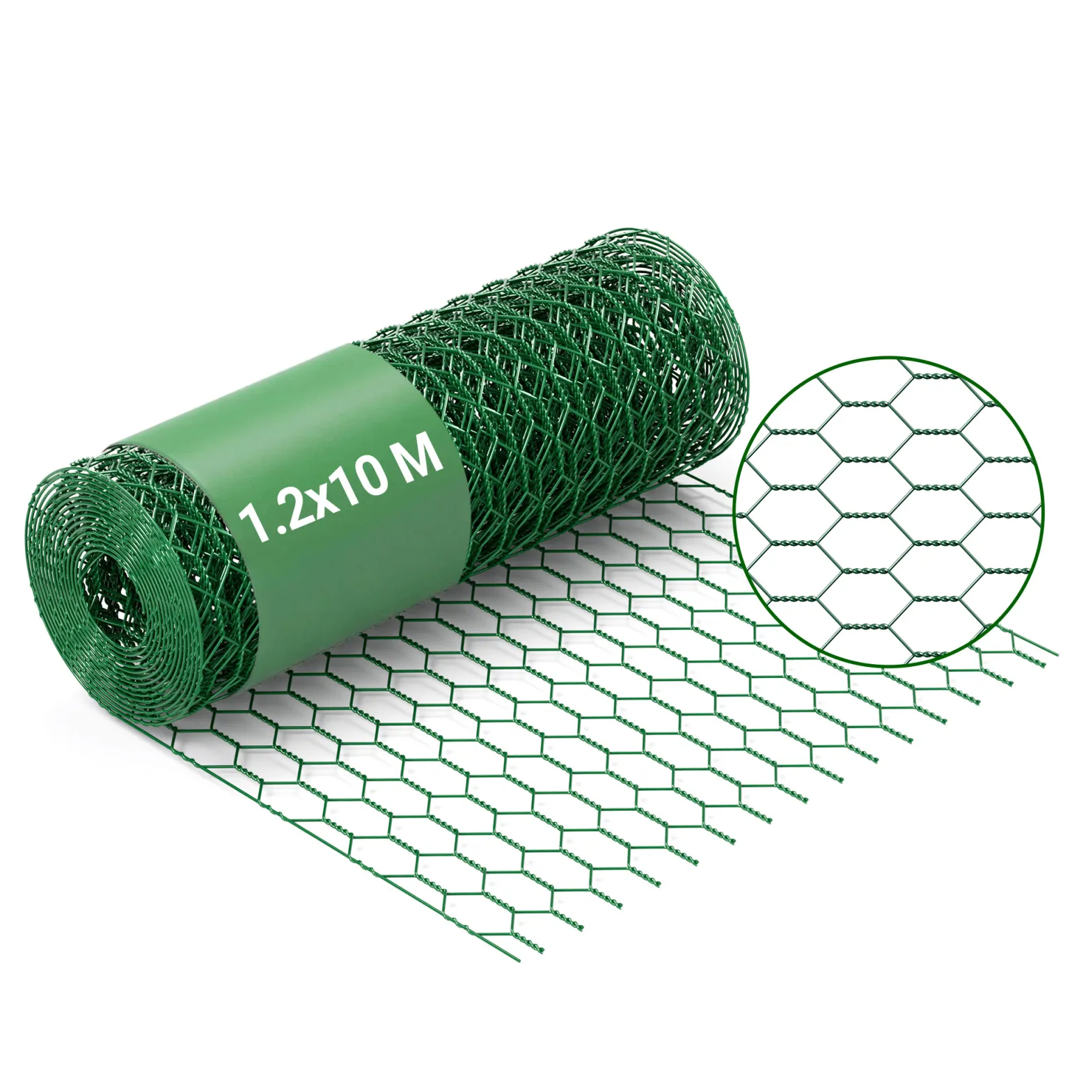 Wiltec Maschendrahtzaun Grün 120 cm x10 m, 0,6 mm Stärke 25x25 mm Maschengröße, Volierendraht 6-Eck aus Stahl verzinkt, Drahtgitter, Vogeldraht