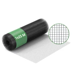 Wiltec Maschendrahtzaun Schwarz 1x25 m 100 cm Höhe 1,42 mm Stärke 25x25 mm Maschengröße, Volierendraht 4-Eck aus Stahl verzinkt, Drahtgitter, Vogeldraht
