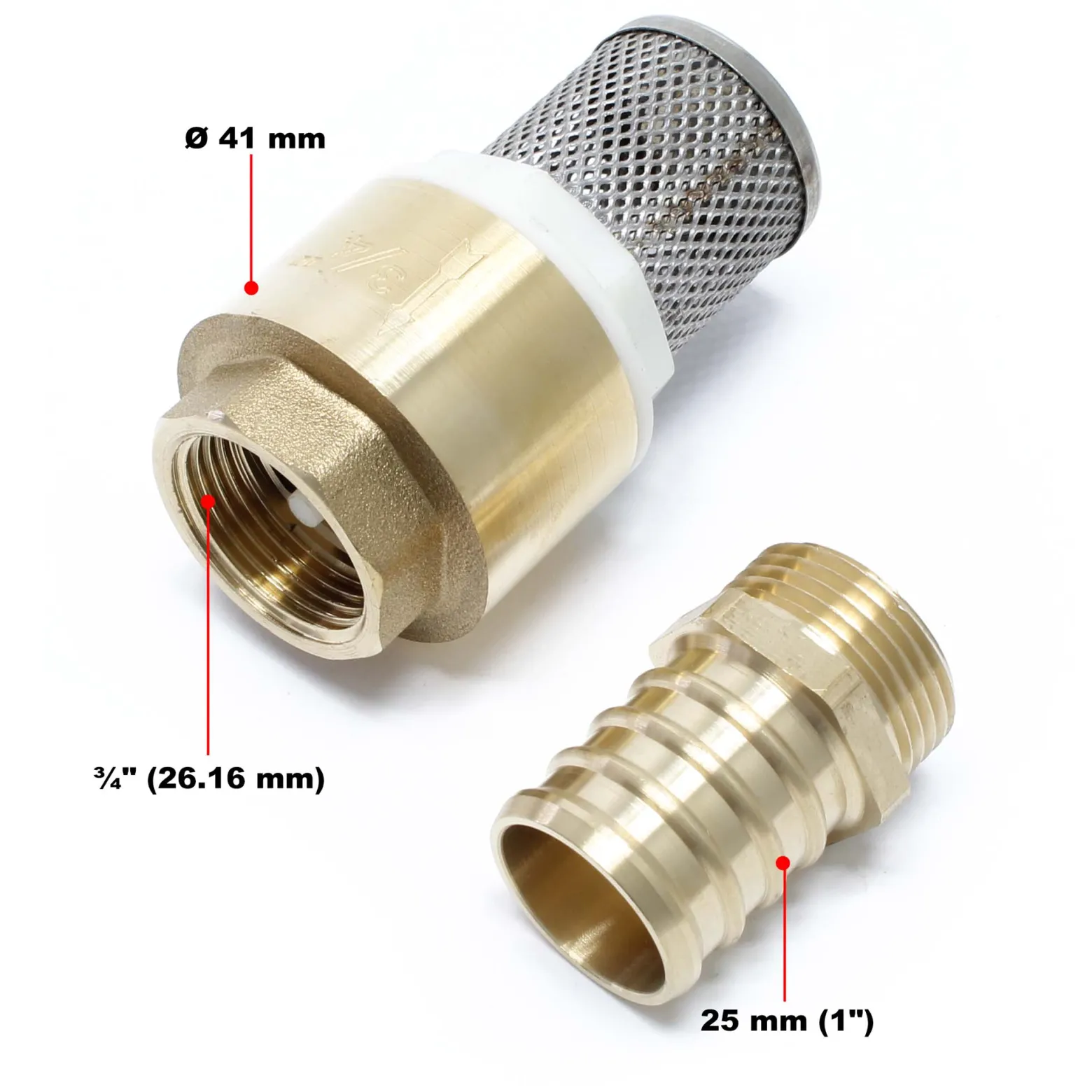 Wiltec Messing Fußventil 41 x 41 x 100 mm mit Rückschlagventil und Edelstahlkorb, Saugkorb für Saugschlauch DN20, 26,16mm (3/4")