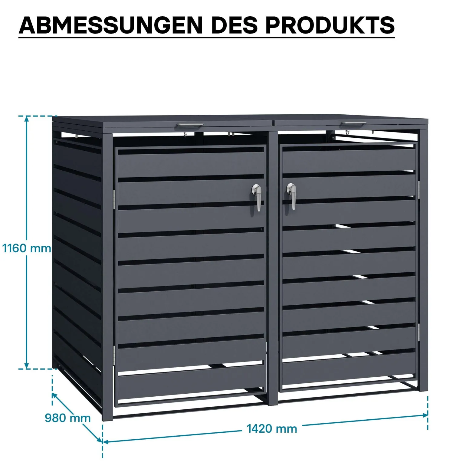 Wiltec Mülltonnenbox für zwei Tonnen in Anthrazit, abschließbare Mülltonnenverkleidung mit Klappdeckel, Mülltonnenzaun, Sichtschutzzaun