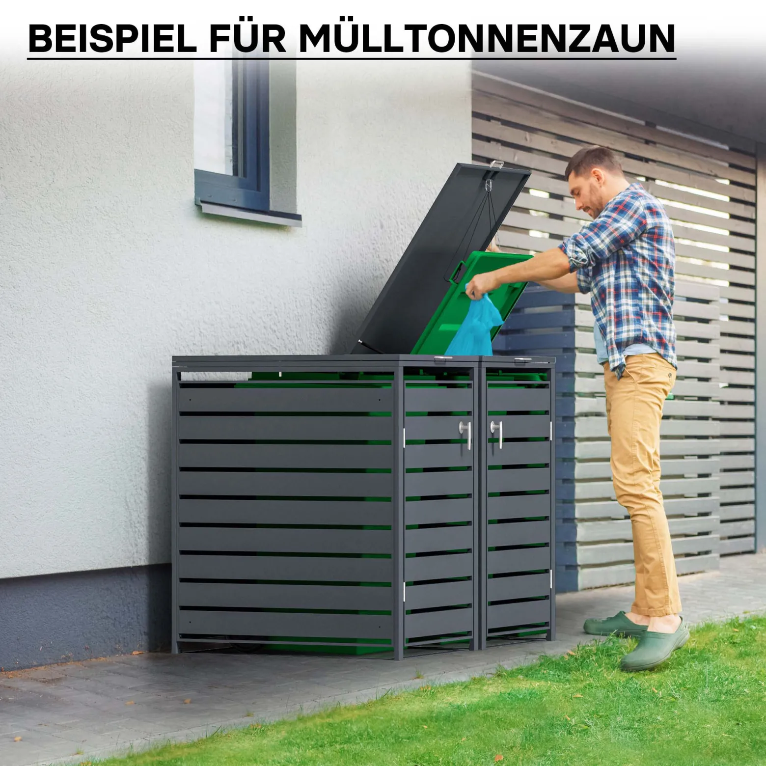 Wiltec Mülltonnenbox für zwei Tonnen in Anthrazit, abschließbare Mülltonnenverkleidung mit Klappdeckel, Mülltonnenzaun, Sichtschutzzaun