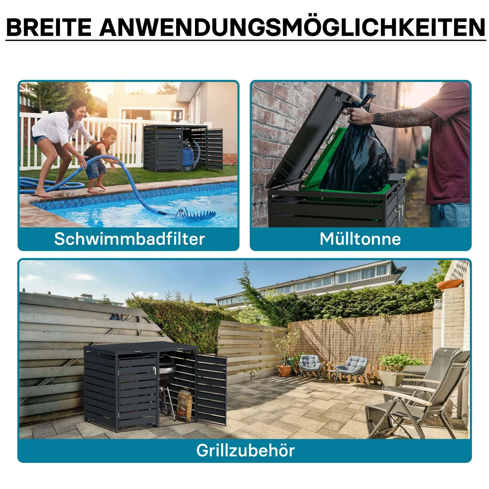 Wiltec Mülltonnenbox für zwei Tonnen in Anthrazit, abschließbare Mülltonnenverkleidung mit Klappdeckel, Mülltonnenzaun, Sichtschutzzaun