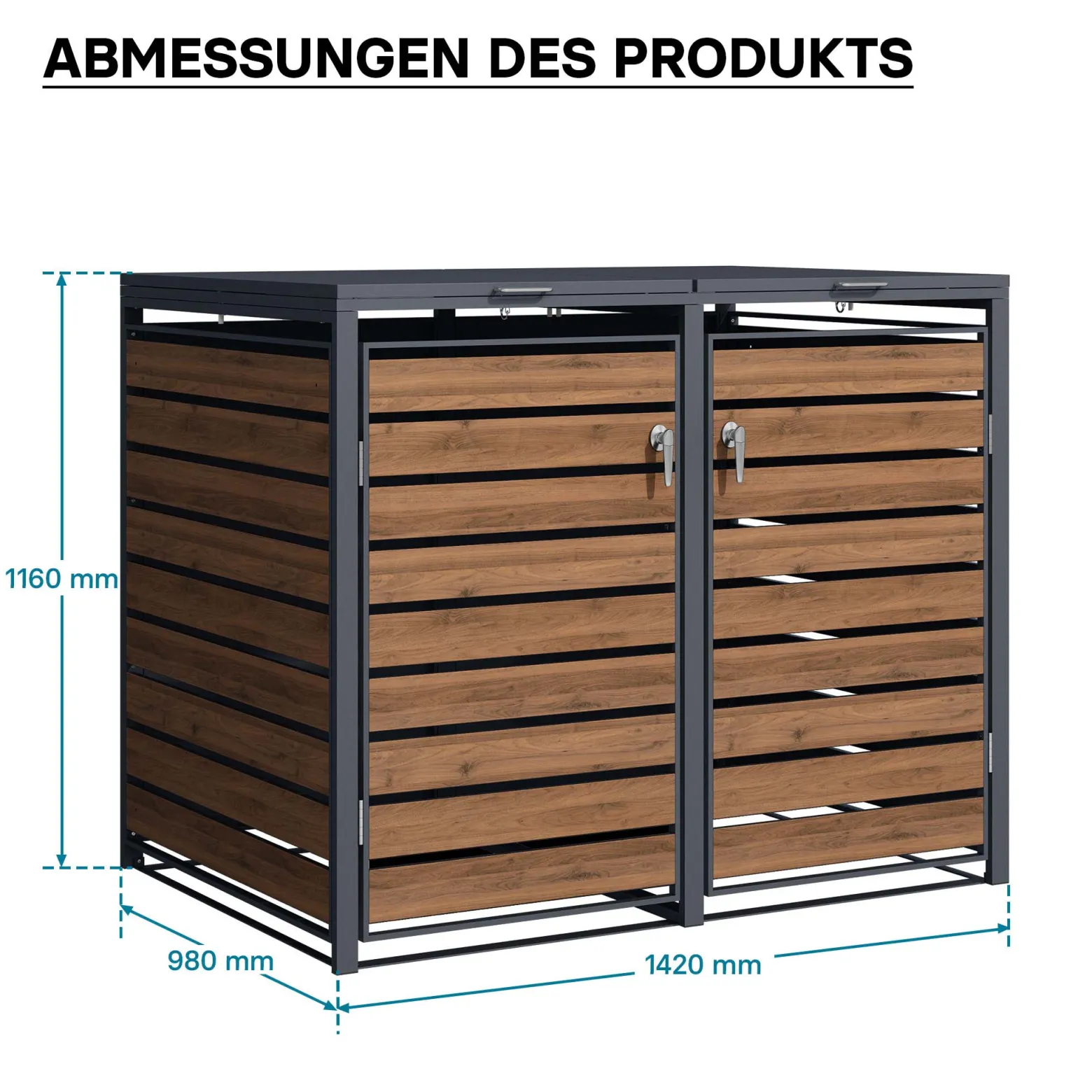 Wiltec Mülltonnenbox für zwei Tonnen in Holzoptik, abschließbare Mülltonnenverkleidung mit Klappdeckel, Mülltonnenzaun, Sichtschutzzaun