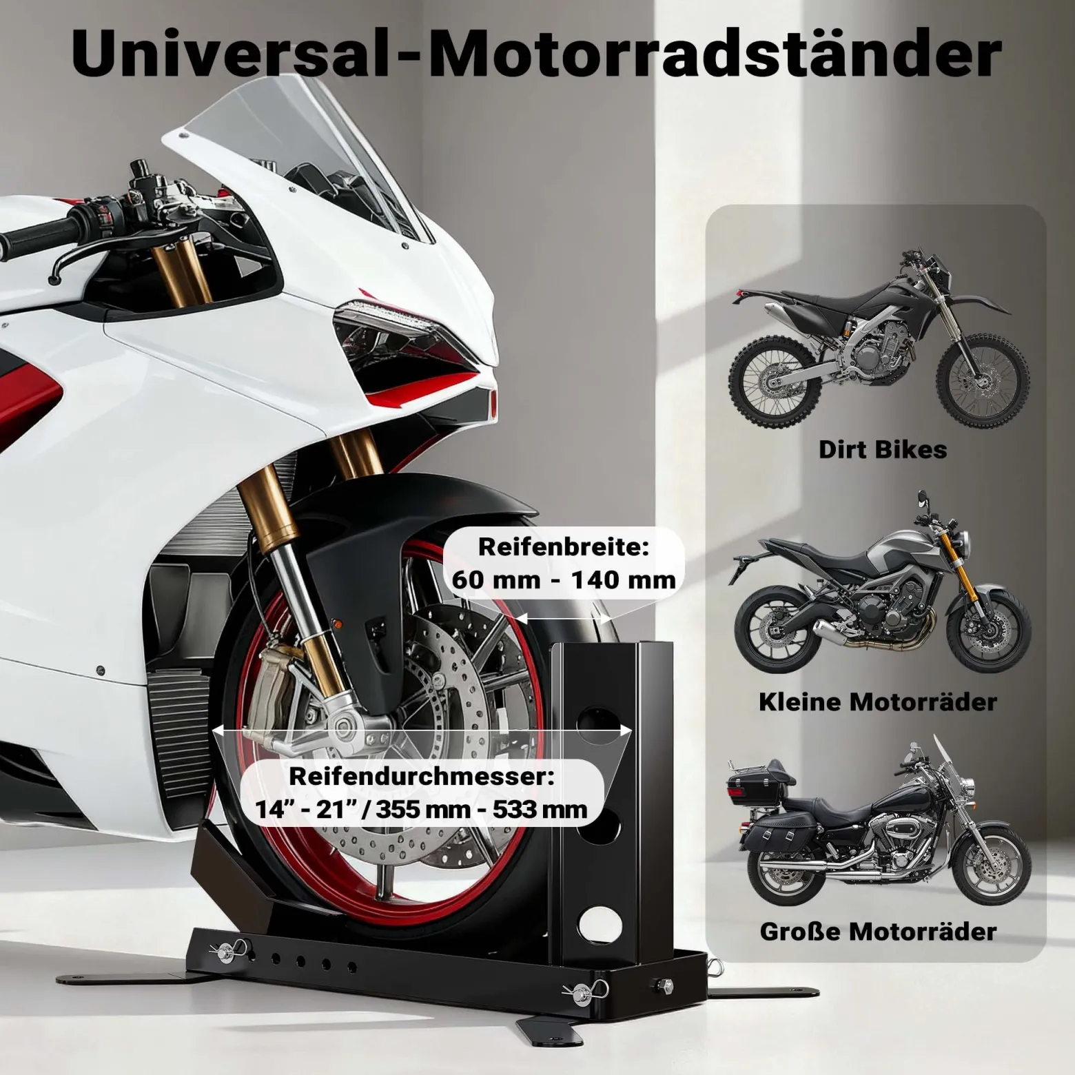 Wiltec Motorradständer bis 450kg Ø14-21", einstellbare Motorradwippe aus Stahl, Montageständer für Vorder- und Hinterrad