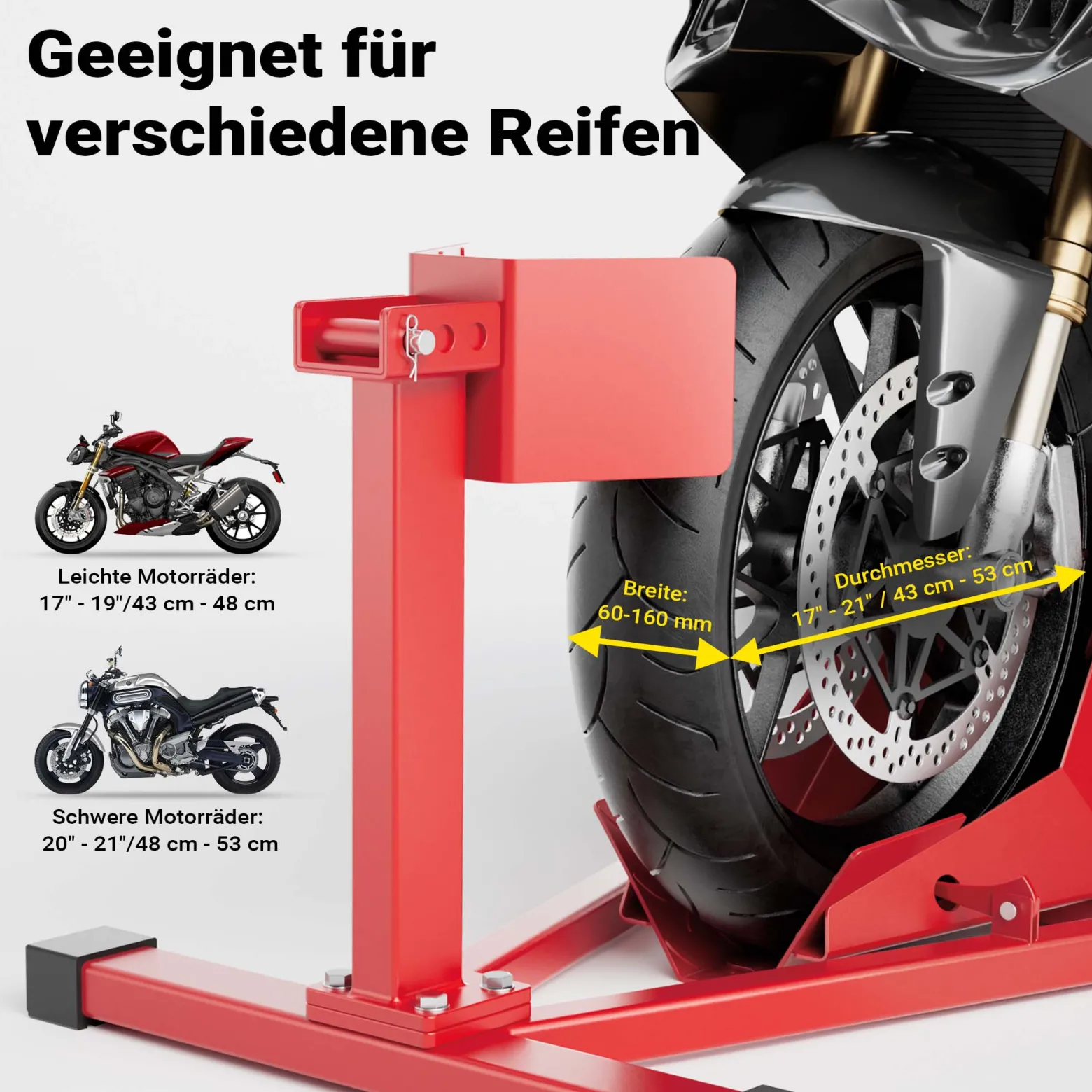 Wiltec Motorradständer vorne für 17-21" 60-160 mm Reifen, 670 x 480 mm, als Montagehilfe aus Stahl mit Gummifüßen für Vorderrad, Motorradheber