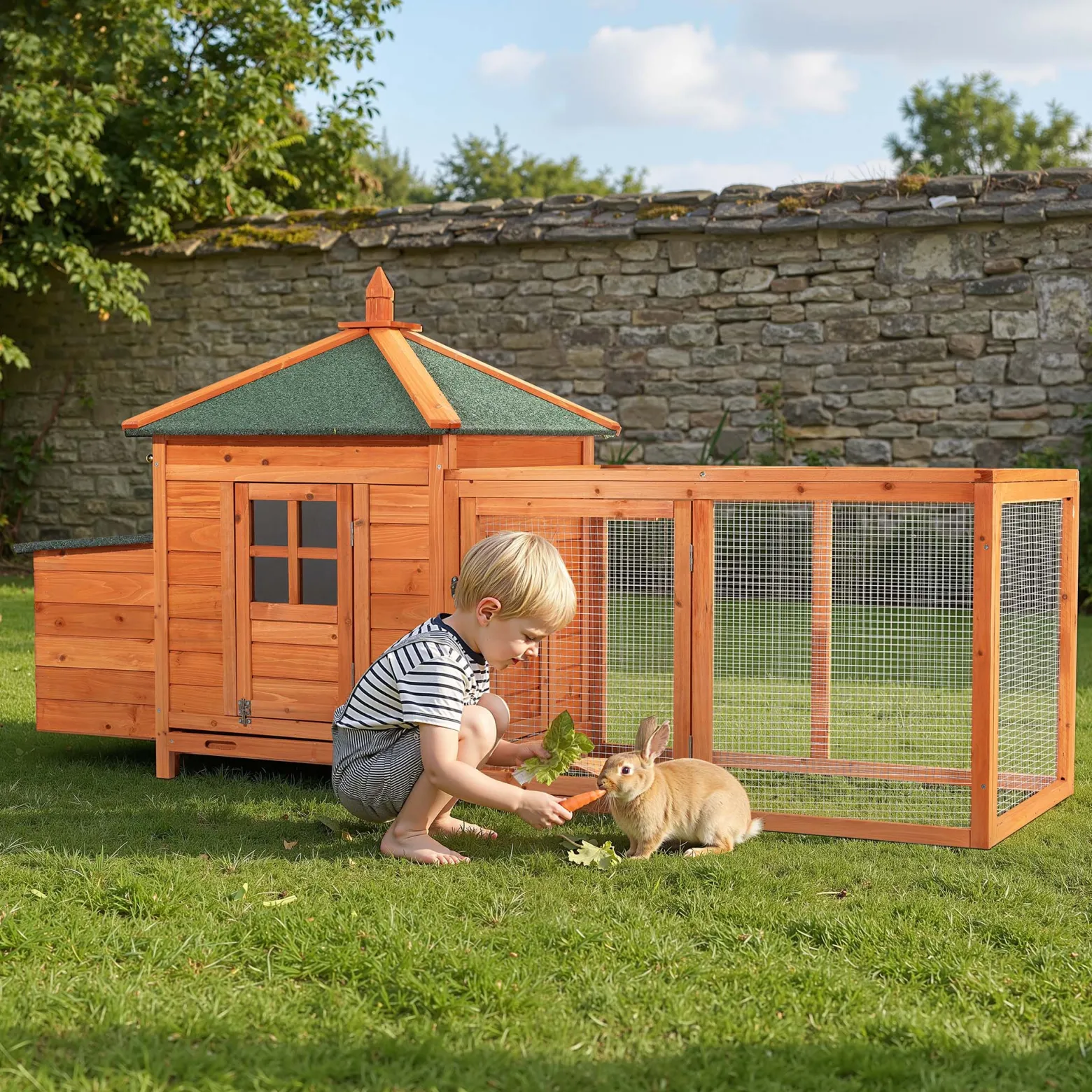 Wiltec Nagerhaus 1950 x 635 x 1200 mm, Hasenstall aus Fichtenholz, mit Bitumeneindeckung, Hühnerstall mit Nistkasten, Kleintierhaus Freilauf Gehege