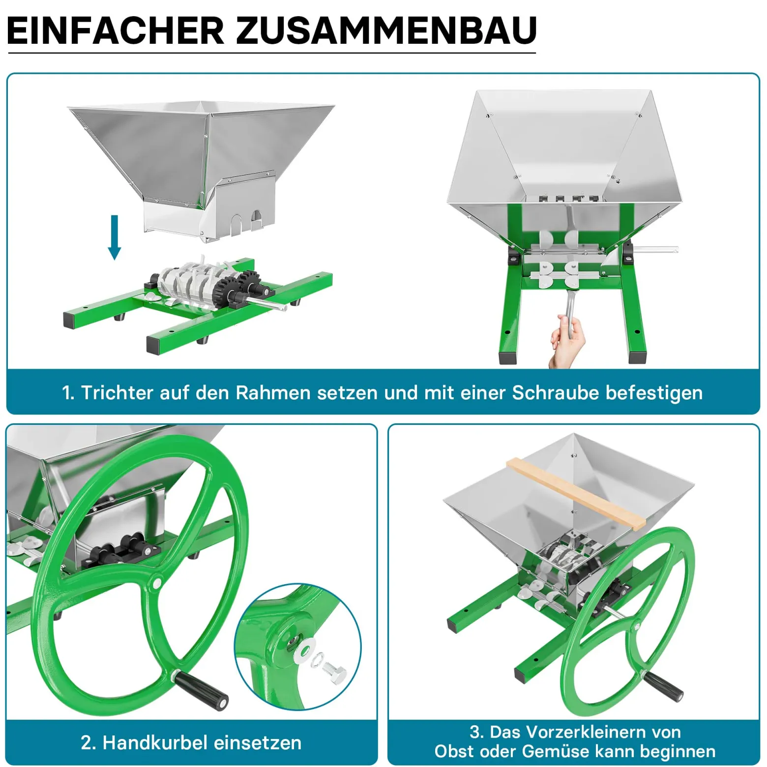Wiltec Obstmühle mit 7L Trichter und runder Handkurbel Obsthäcksler leicht zu reinigen für Saftpresse Obstpresse zur Herstellung von Saft Würze oder Most
