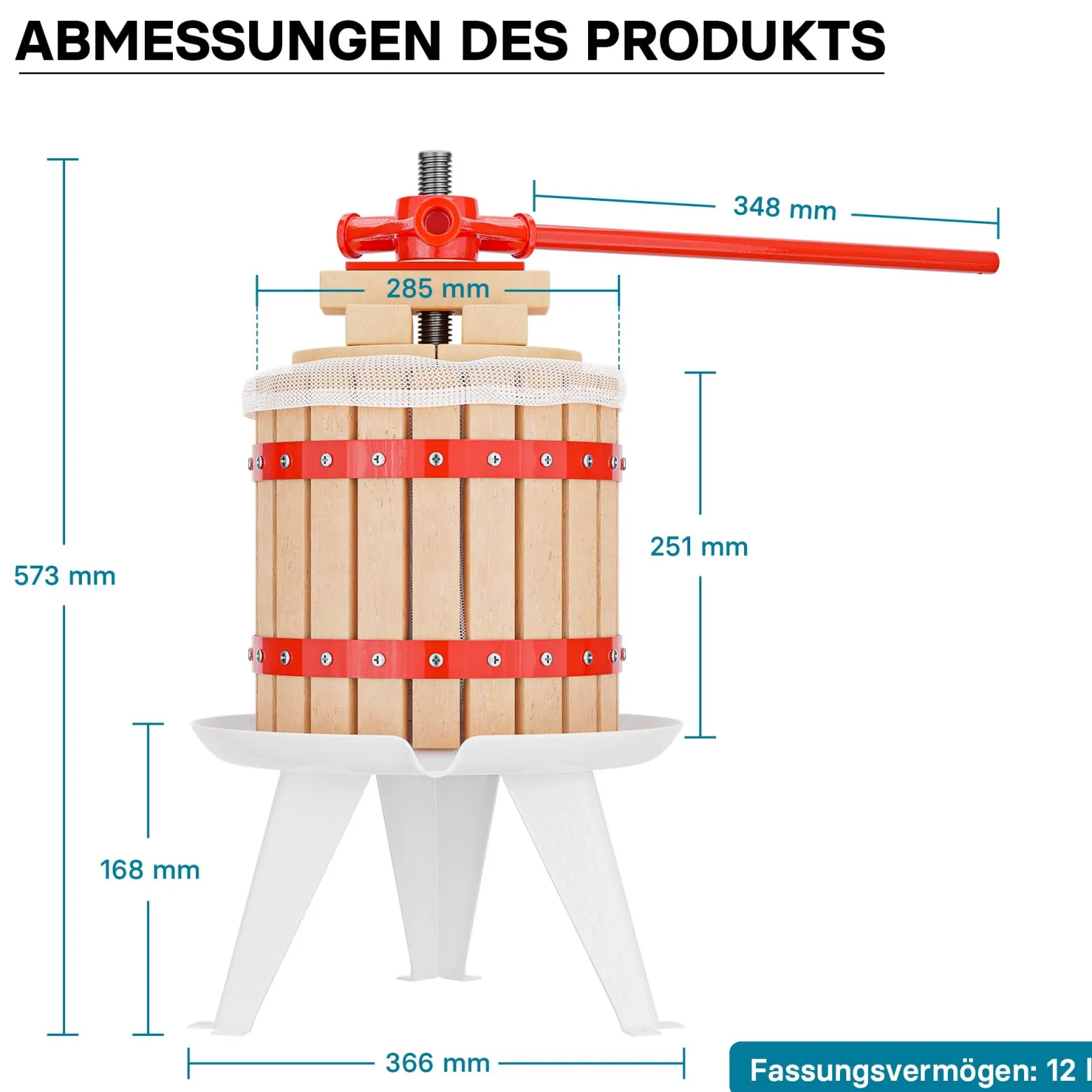 Wiltec Obstpresse 12L Maischepresse mit 3 passenden Presstüchern Weinpresse aus Holz Apfelpresse Saftpresse
