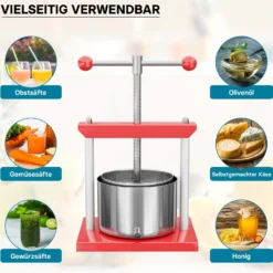 Wiltec Obstpresse 6L Weinpresse aus Stahl Edelstahlkorb Fruchtpresse mit 2-armigen Drehgriff Saftpresse Beerenpresse
