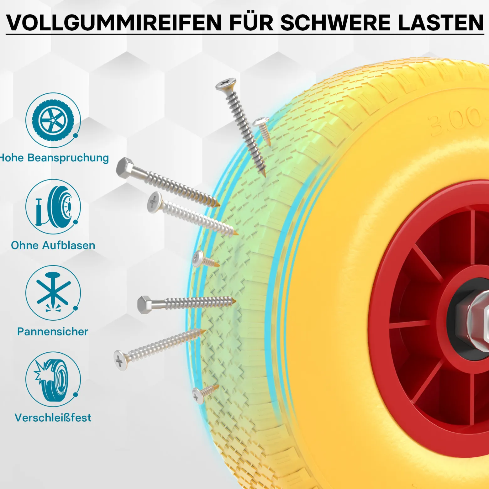 Wiltec Pannensicheres PU Rad 3.00-4 75 x 260 mm 105 kg, Polyurethan Vollgummi Schubkarren Komplettrad mit Steckachse, Schubkarrenrad pannensicher