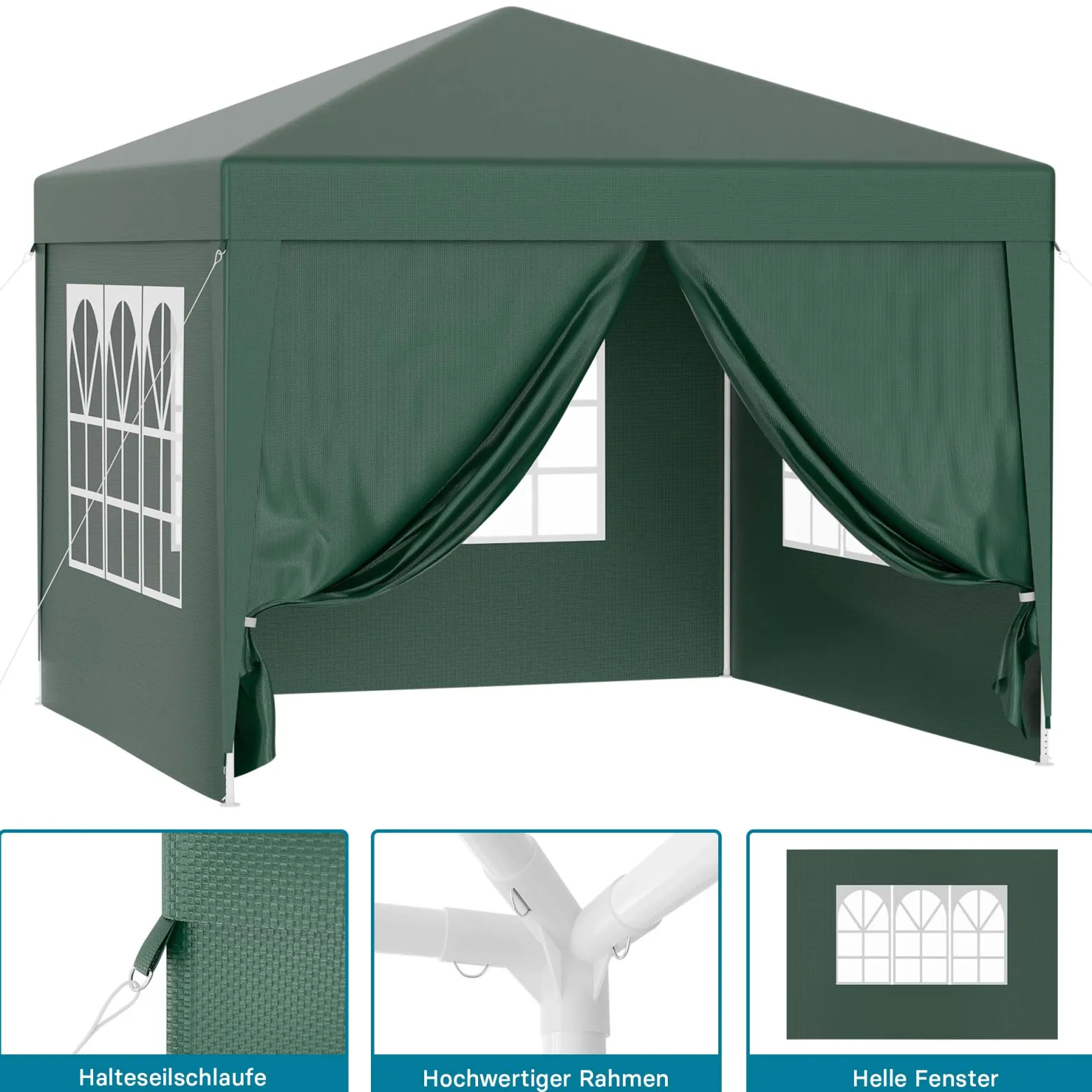 Wiltec Pavillon 3 x 3 m in Grün mit UV-Schutz 50+, Gartenpavillon mit abnehmbaren Seiten, Partyzelt mit Fenstern für z. B. Terrasse und Festival