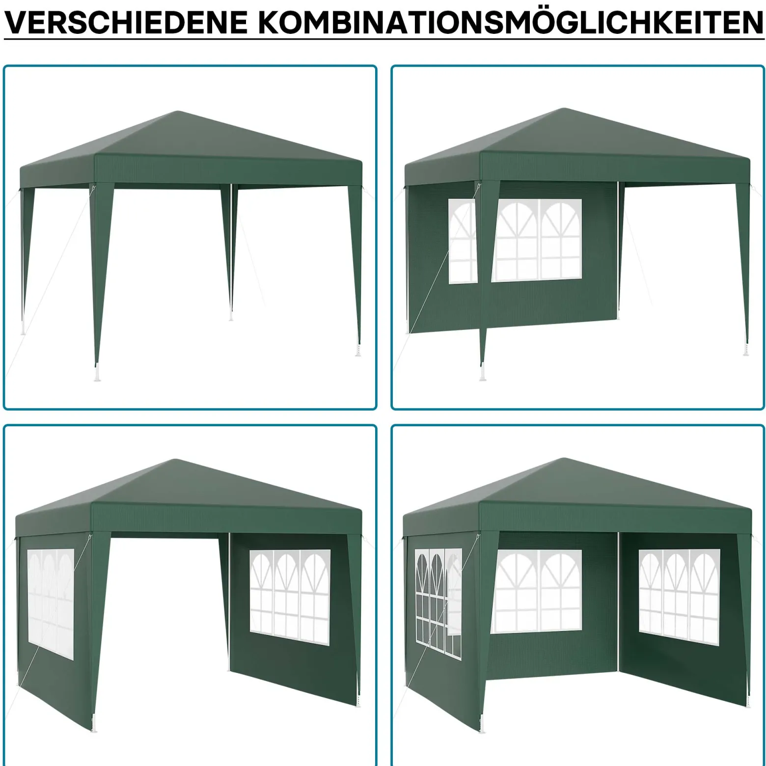 Wiltec Pavillon 3 x 3 m in Grün mit UV-Schutz 50+, Gartenpavillon mit abnehmbaren Seiten, Partyzelt mit Fenstern für z. B. Terrasse und Festival
