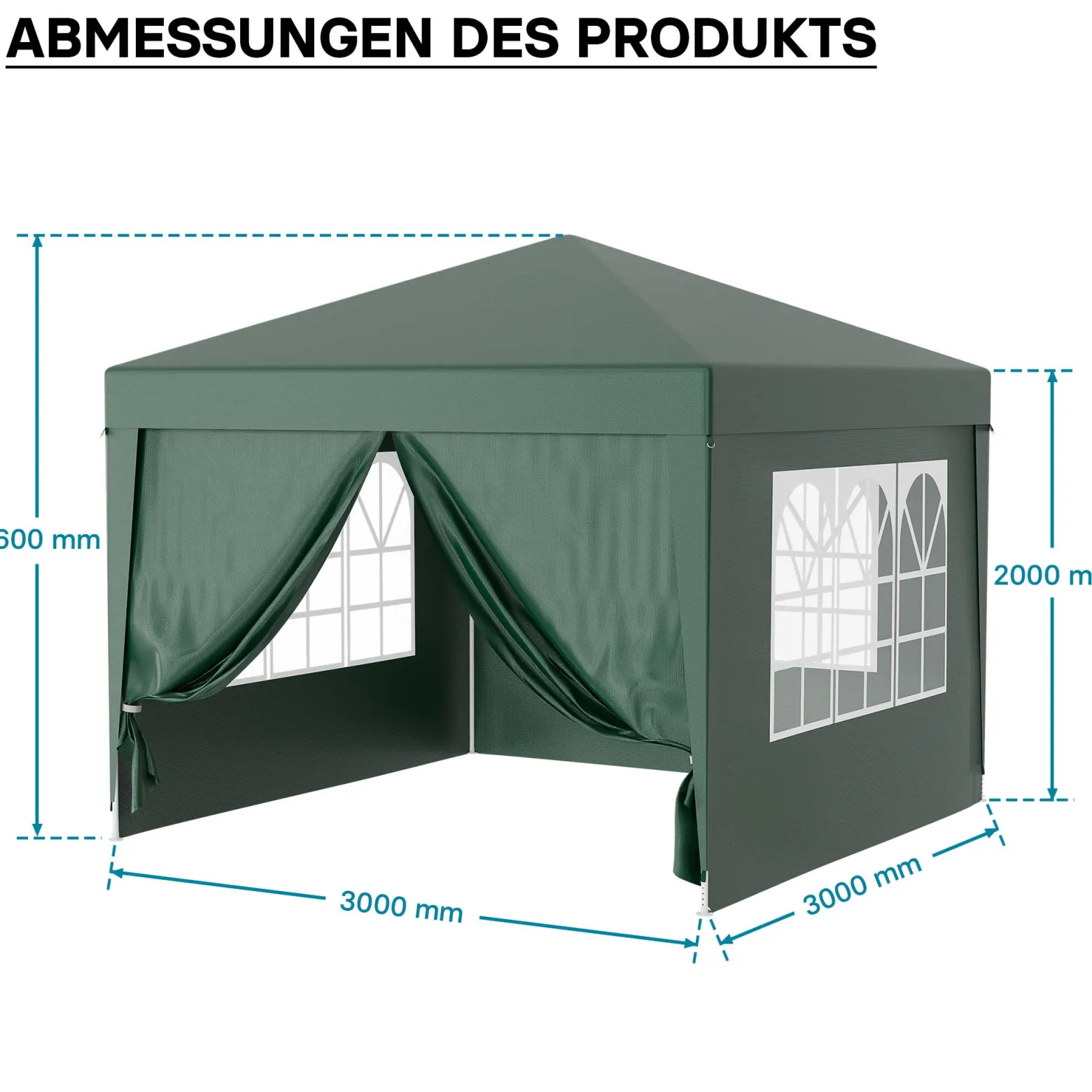 Wiltec Pavillon 3 x 3 m in Grün mit UV-Schutz 50+, Gartenpavillon mit abnehmbaren Seiten, Partyzelt mit Fenstern für z. B. Terrasse und Festival