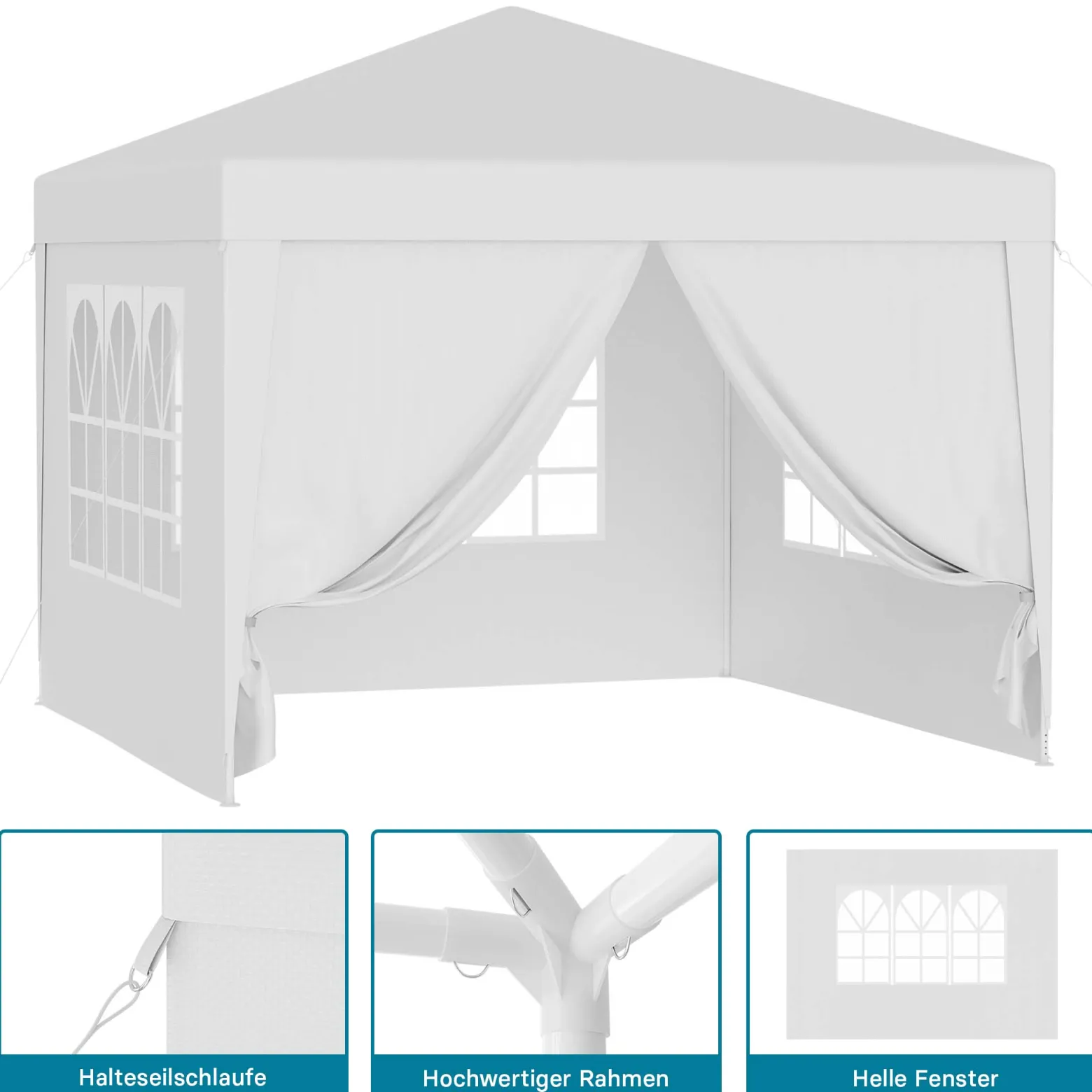 Wiltec Pavillon 3 x 3 m in Weiß mit UV-Schutz 50+, Gartenpavillon mit abnehmbaren Seiten, Partyzelt mit Fenstern für z. B. Terrasse und Festival