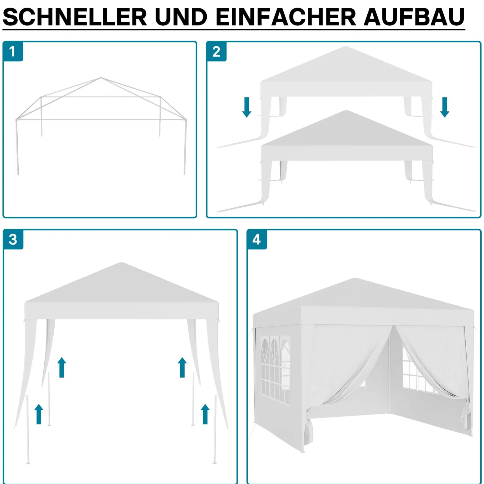 Wiltec Pavillon 3 x 3 m in Weiß mit UV-Schutz 50+, Gartenpavillon mit abnehmbaren Seiten, Partyzelt mit Fenstern für z. B. Terrasse und Festival