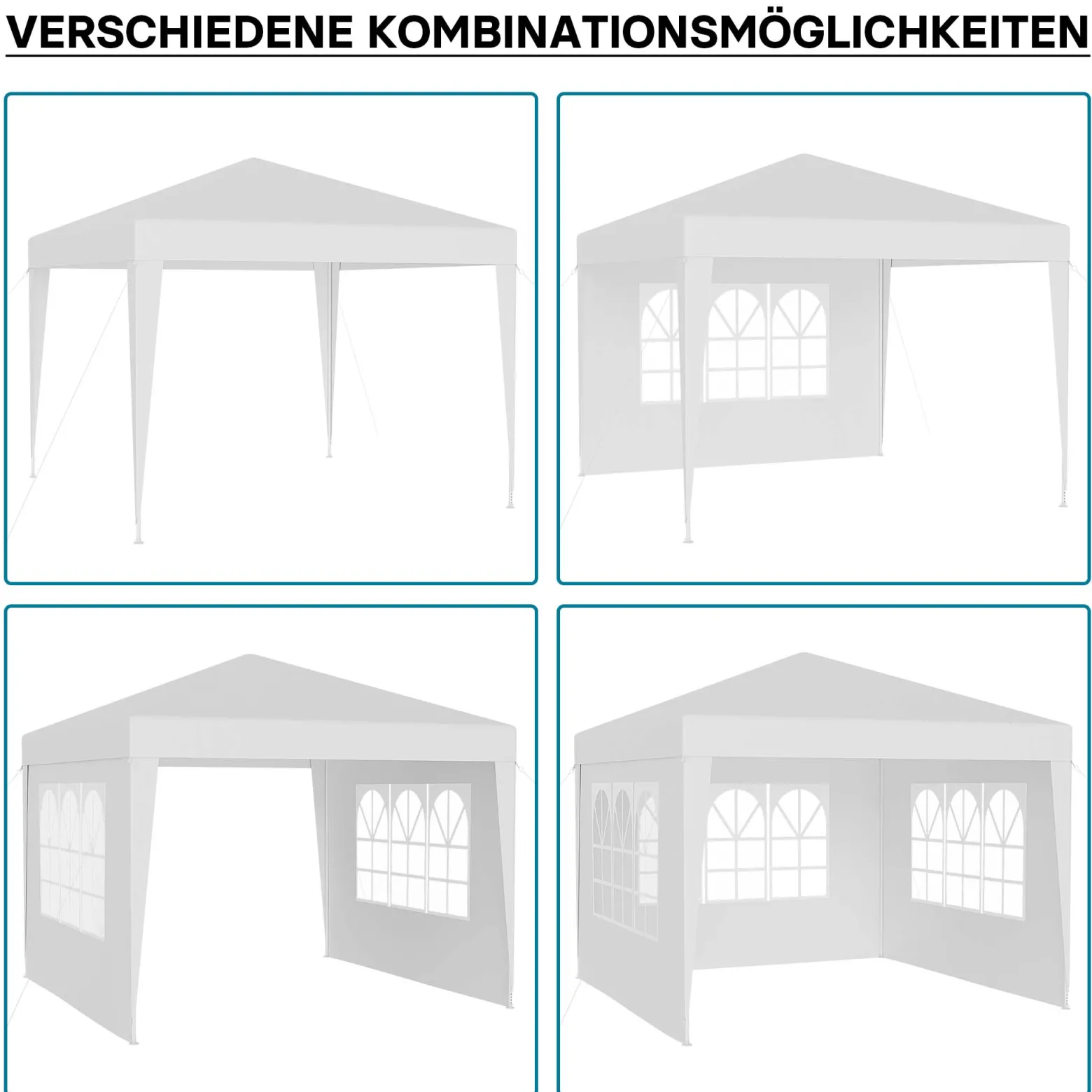 Wiltec Pavillon 3 x 3 m in Weiß mit UV-Schutz 50+, Gartenpavillon mit abnehmbaren Seiten, Partyzelt mit Fenstern für z. B. Terrasse und Festival