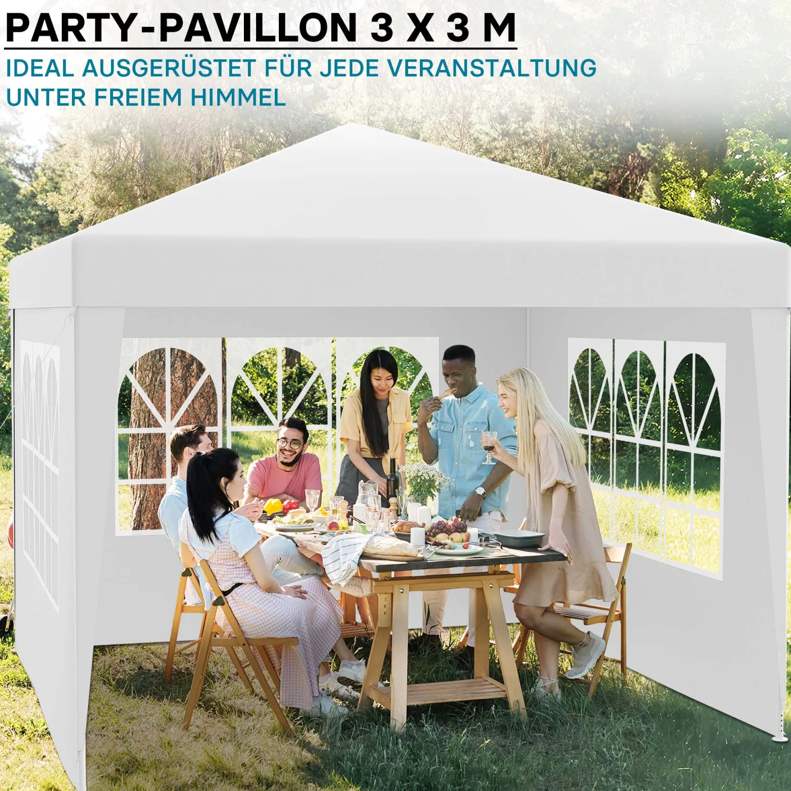Wiltec Pavillon 3 x 3 m in Weiß mit UV-Schutz 50+, Gartenpavillon mit abnehmbaren Seiten, Partyzelt mit Fenstern für z. B. Terrasse und Festival