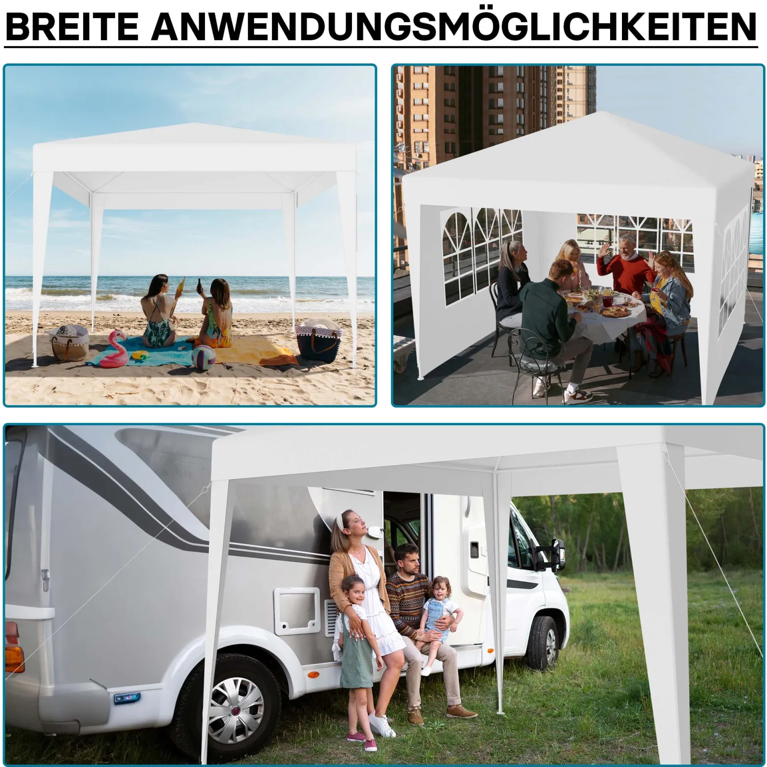 Wiltec Pavillon 3 x 3 m in Weiß mit UV-Schutz 50+, Gartenpavillon mit abnehmbaren Seiten, Partyzelt mit Fenstern für z. B. Terrasse und Festival