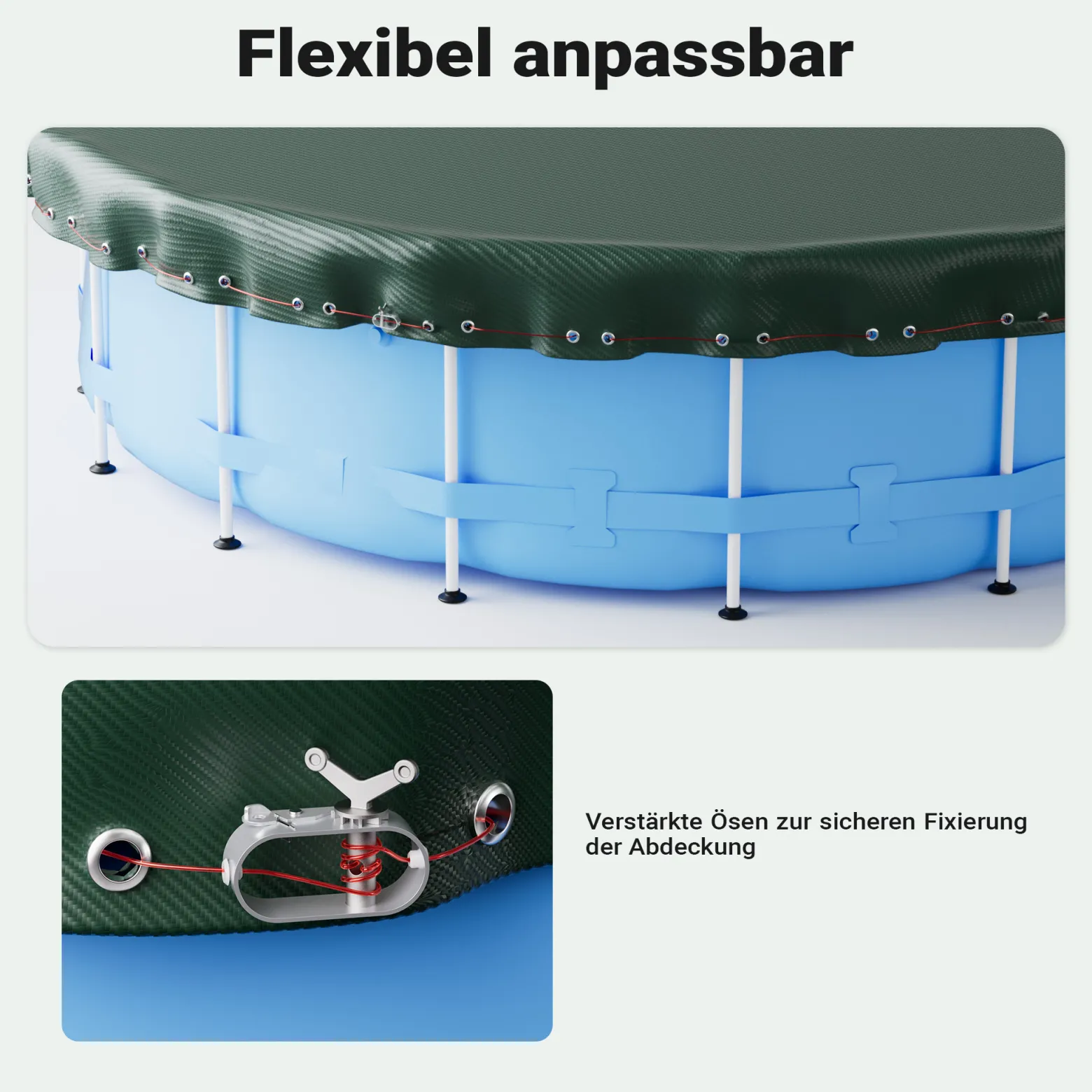 Wiltec Poolabdeckung rund Ø 610 cm, 200 g/m² PE, UV-beständige Abdeckplane, 2in1 Poolplane für Sommer und Winter, schwarz/grün