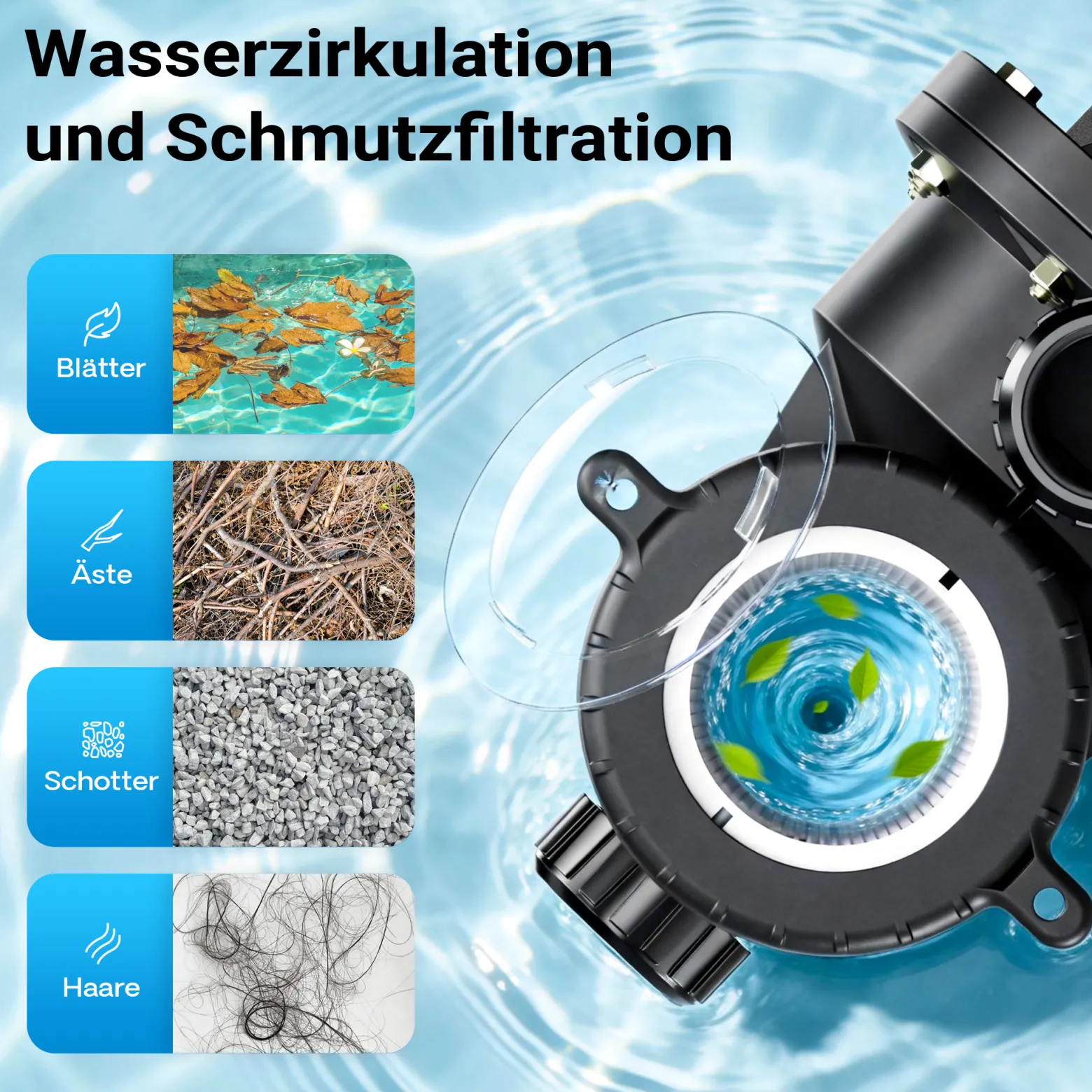 Wiltec Poolpumpe 18600 l/h 750 W für 74-110m³ Pools, Schwimmbadpumpe mit 13 m Förderhöhe, Umwälzpumpe für Schwimmbecken